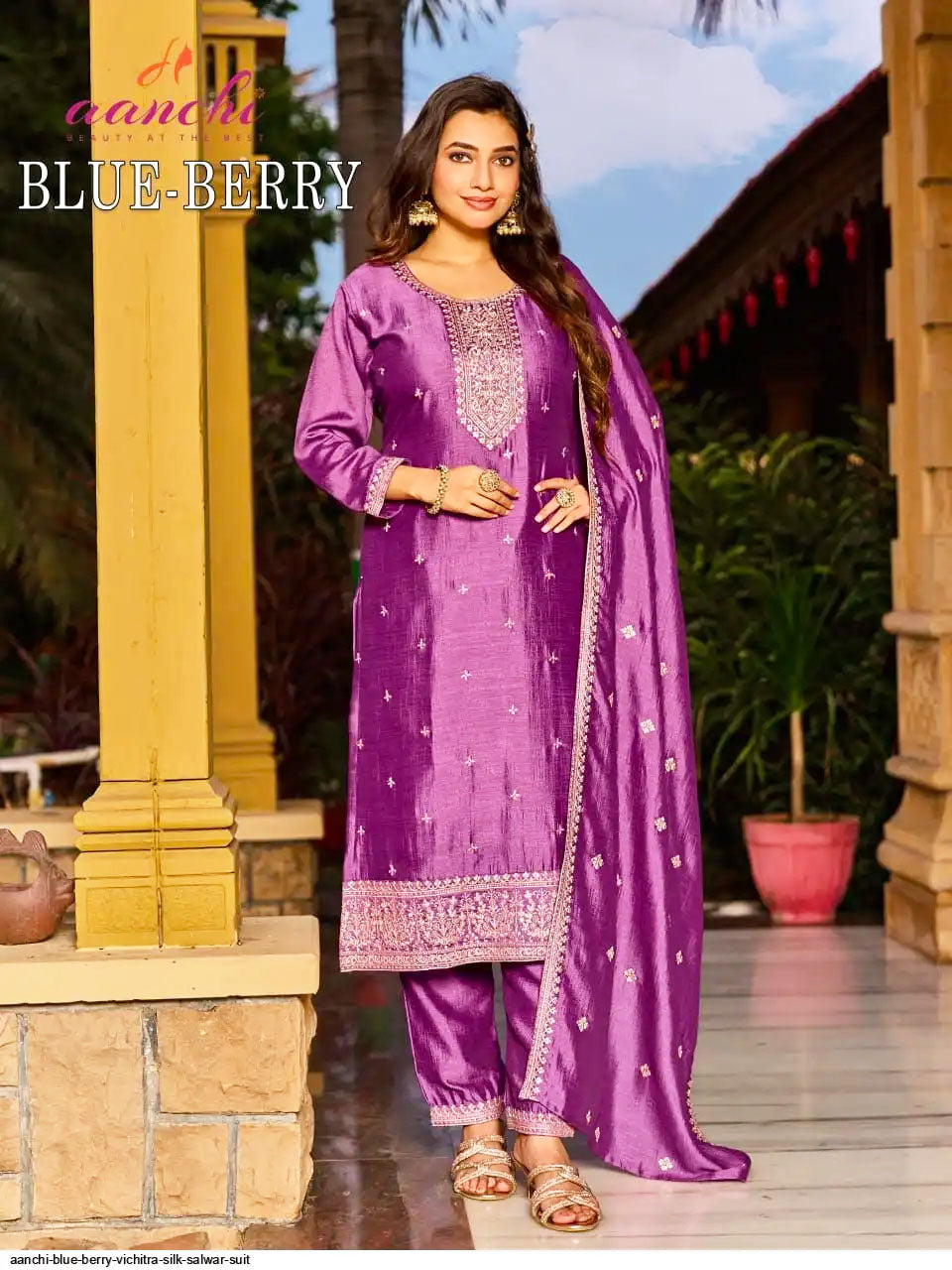 Aanchi Presents Blue Berry Vichitra Silk Kurti With Bottom And Dupatta Collections