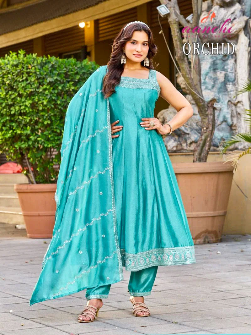 Aanchi Presents Orchid Vichitra Silk Embroidery Worked Kurti With Bottom And Dupatta Collections