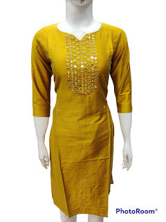Bangalore Silk Kurtis With Mirror Neck And All Over Work