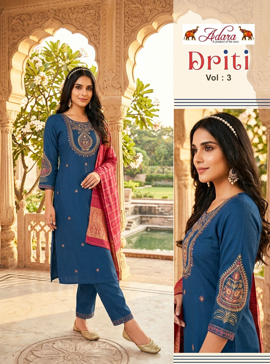 Adara Presents Driti VOL-3 Rayon Silk With Embroidery Work Top Bottom and Dupatta Collections
