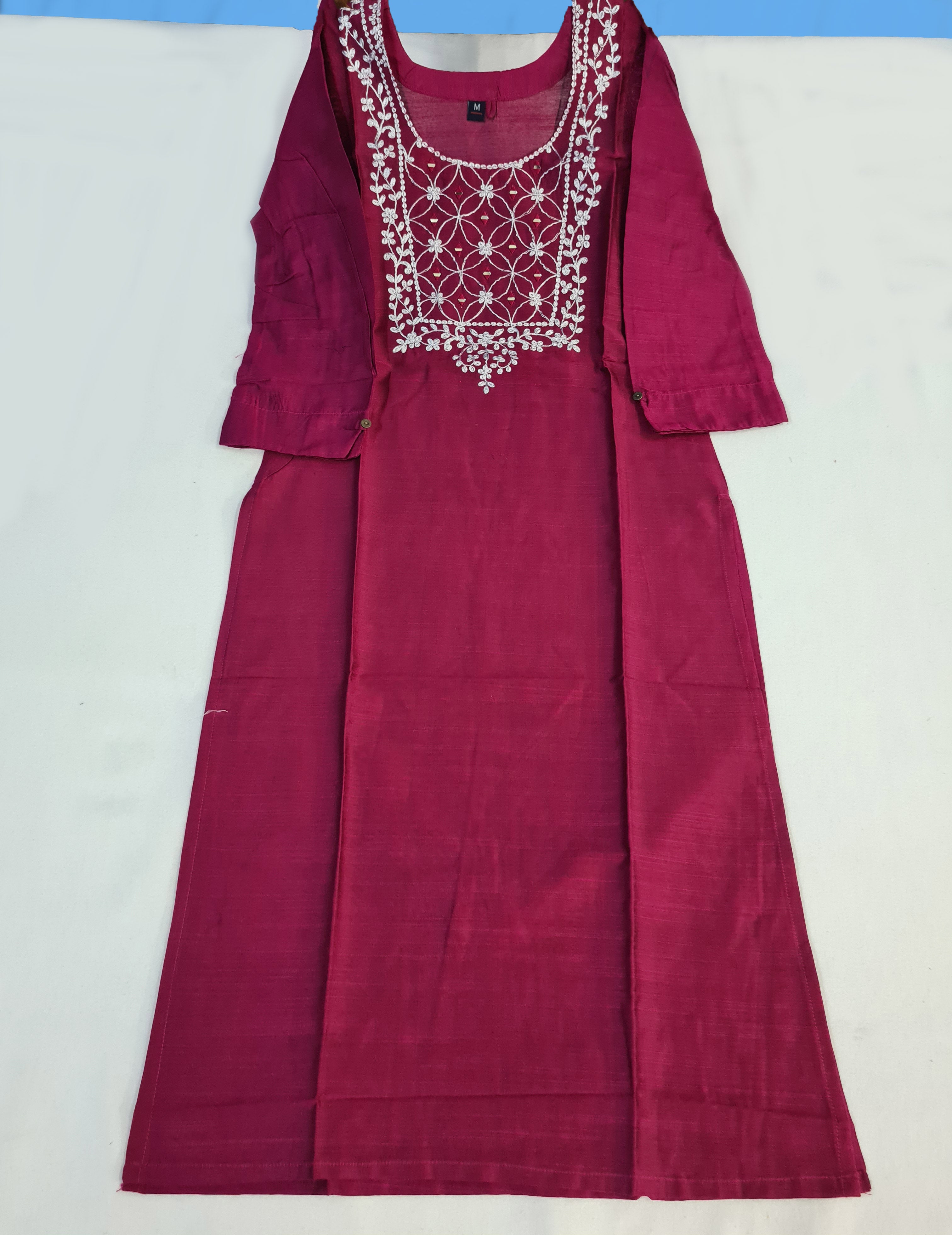 Bangalore Silk Kurtis With Mirror Neck Work