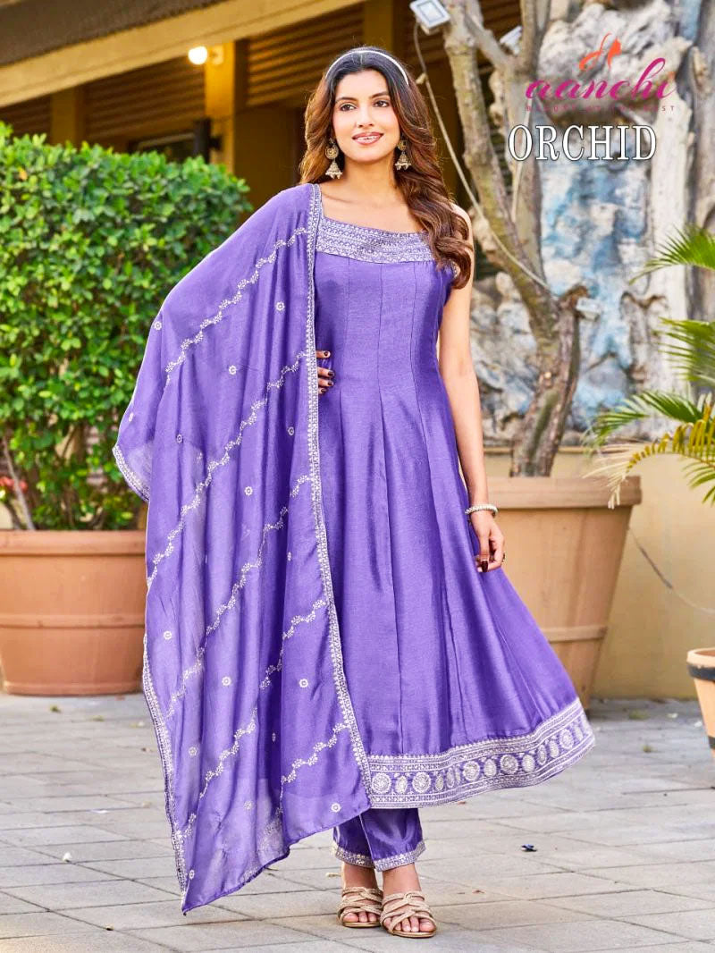 Aanchi Presents Orchid Vichitra Silk Embroidery Worked Kurti With Bottom And Dupatta Collections