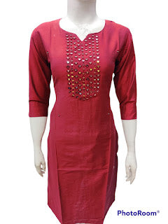 Bangalore Silk Kurtis With Mirror Neck And All Over Work