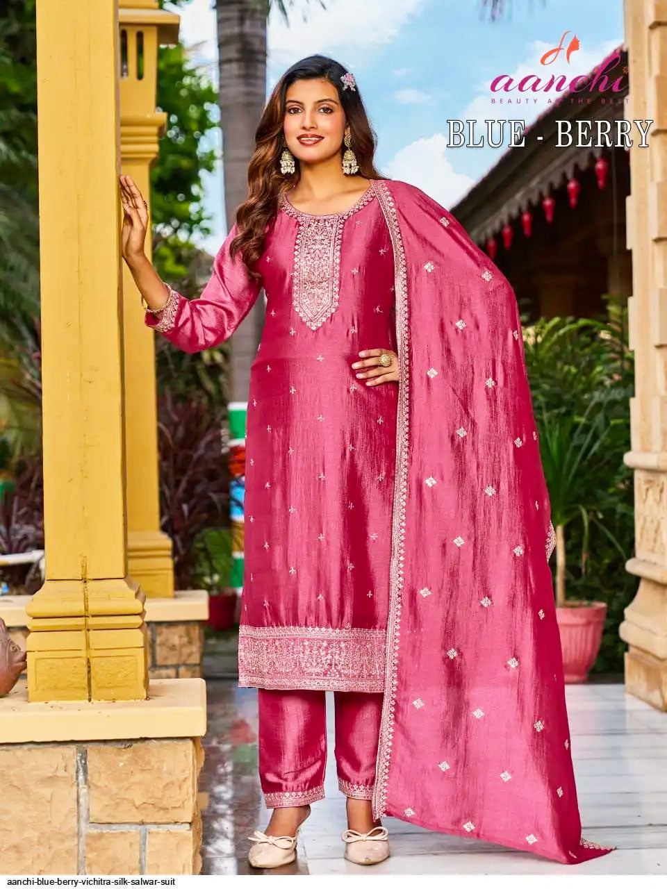 Aanchi Presents Blue Berry Vichitra Silk Kurti With Bottom And Dupatta Collections