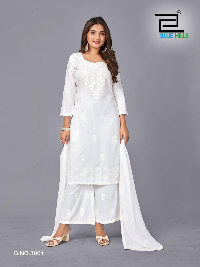 Snow White VOL-3 Series 3001 To 3004 By Blue Hills Designer Work Rayon Kurti With Plazzo And Dupatta Collections