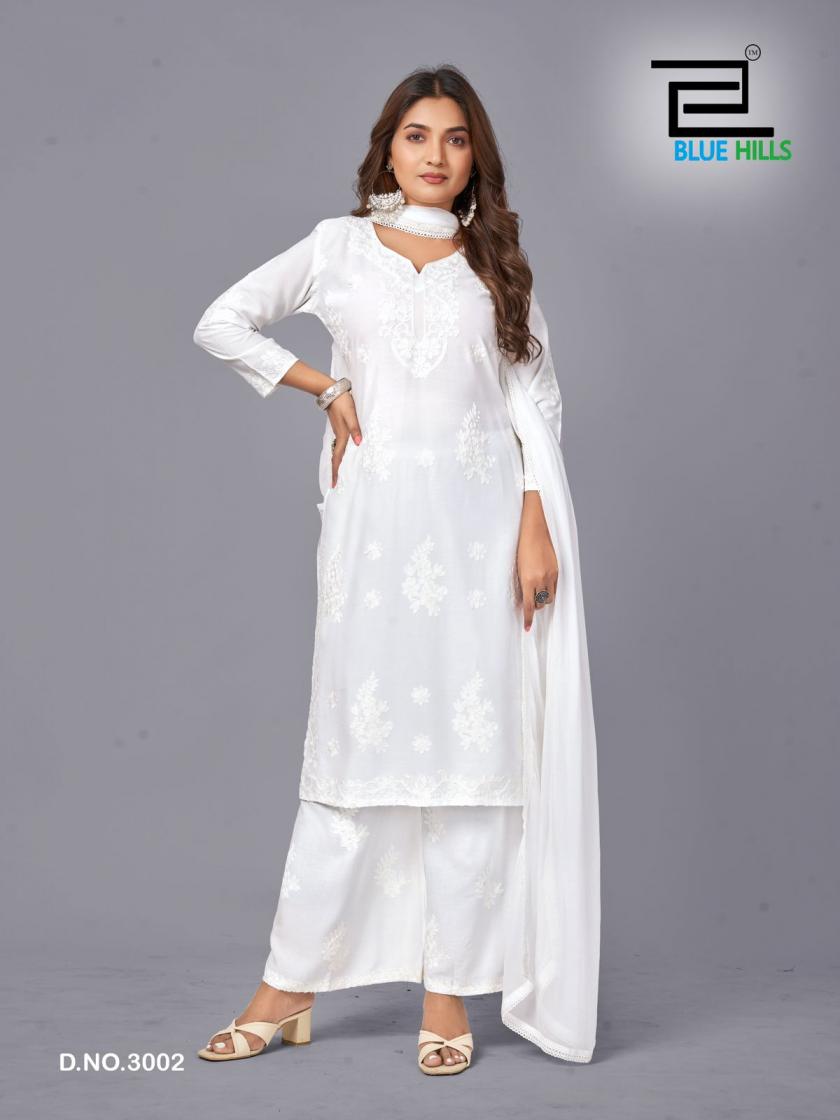Snow White VOL-3 Series 3001 To 3004 By Blue Hills Designer Work Rayon Kurti With Plazzo And Dupatta Collections