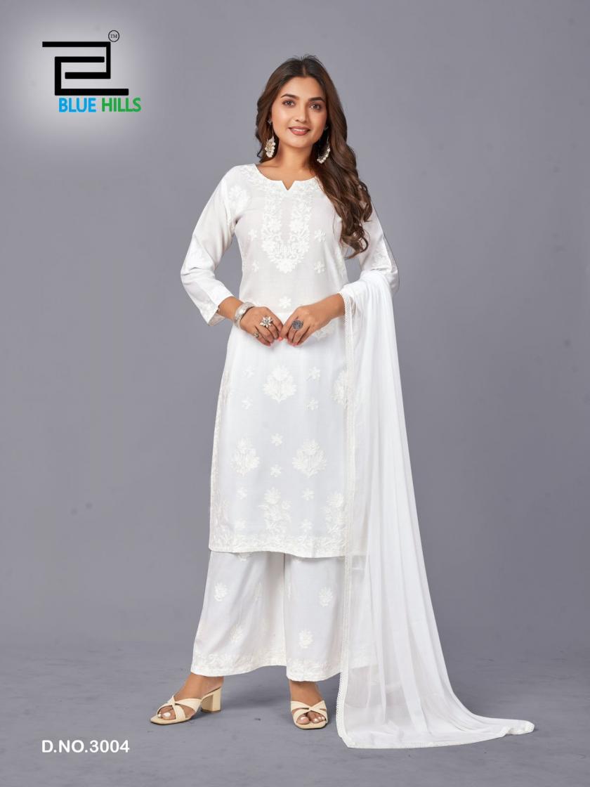 Snow White VOL-3 Series 3001 To 3004 By Blue Hills Designer Work Rayon Kurti With Plazzo And Dupatta Collections