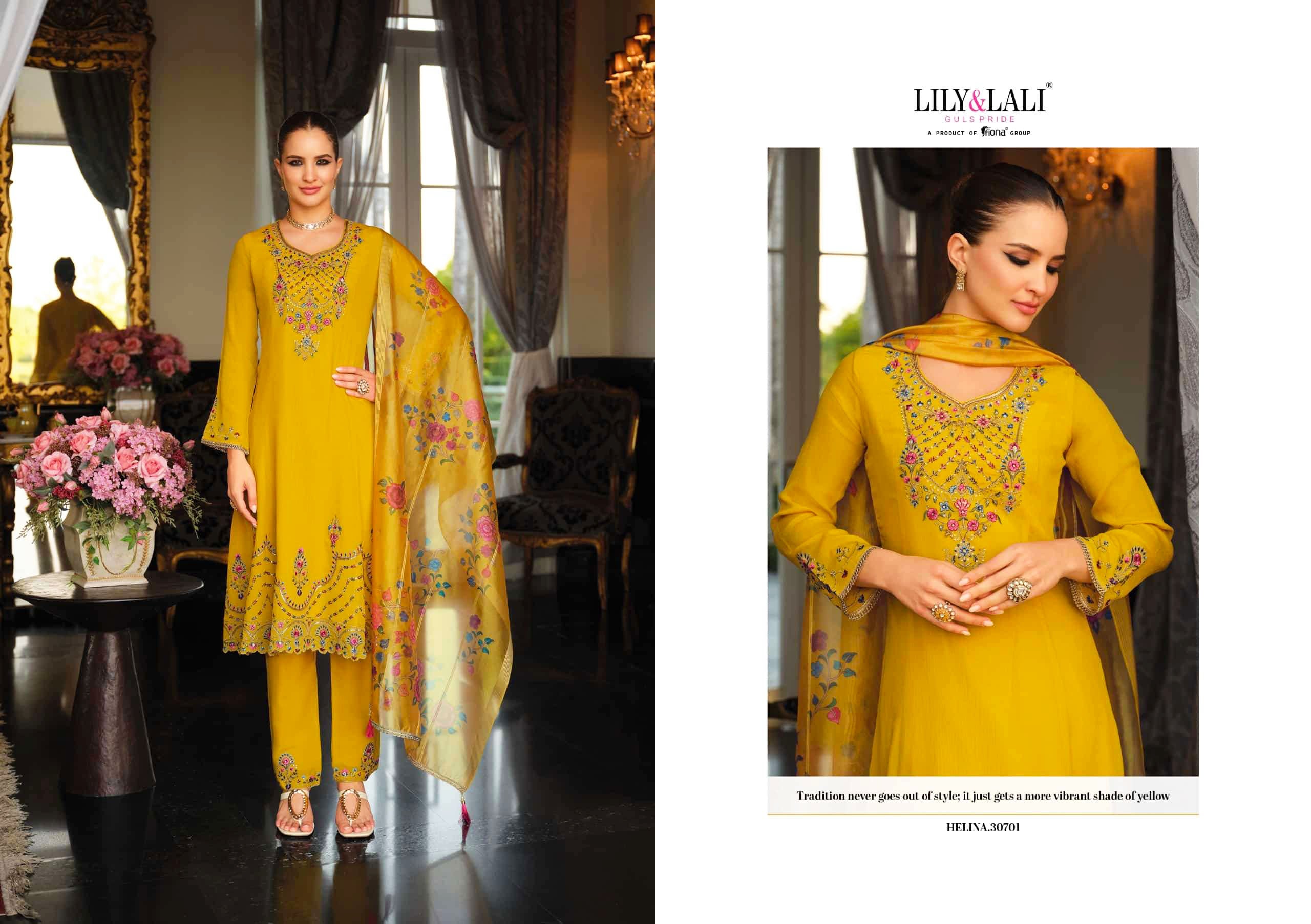 Lily and Lali Presents Helina Chinon Silk With Embroidery Work Top Bottom and Dupatta Collections