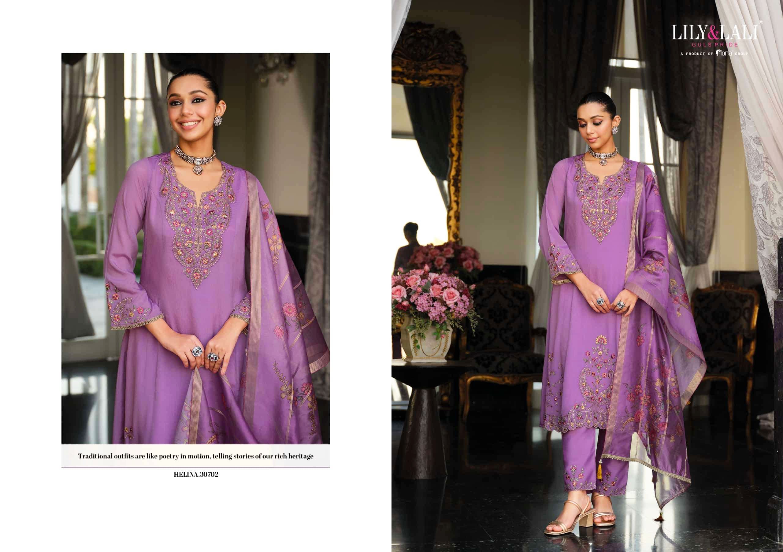 Lily and Lali Presents Helina Chinon Silk With Embroidery Work Top Bottom and Dupatta Collections