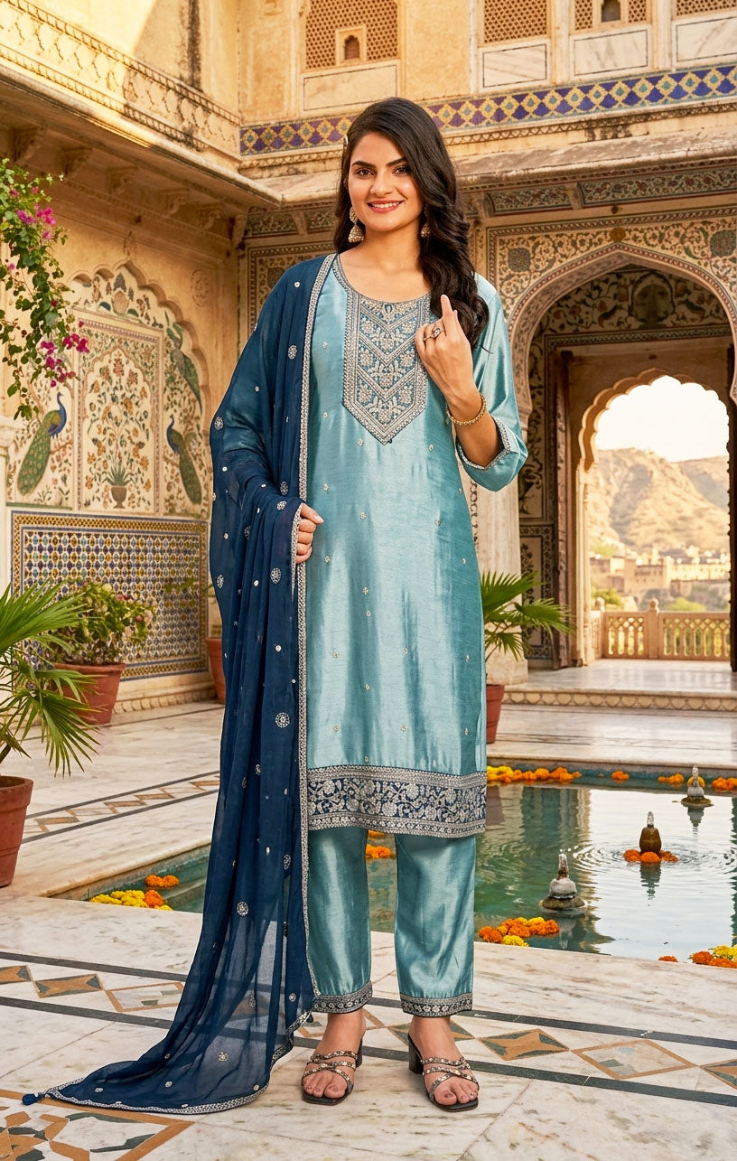 Aanchi Presents Rim-Zim Vichitra Silk Kurti With Bottom And Dupatta Collections