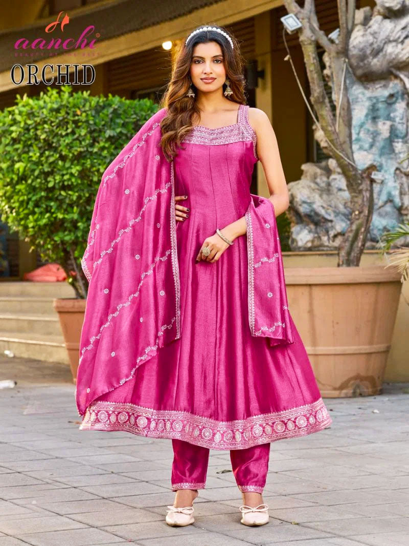 Aanchi Presents Orchid Vichitra Silk Embroidery Worked Kurti With Bottom And Dupatta Collections