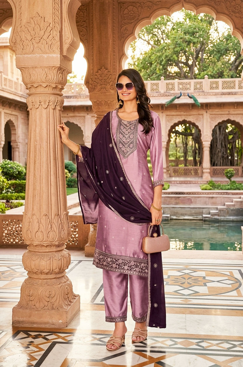 Aanchi Presents Rim-Zim Vichitra Silk Kurti With Bottom And Dupatta Collections