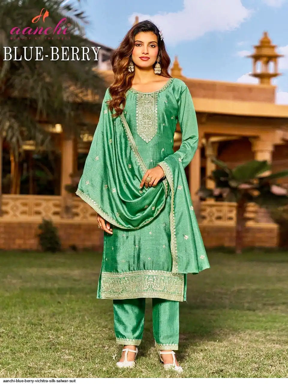 Aanchi Presents Blue Berry Vichitra Silk Kurti With Bottom And Dupatta Collections