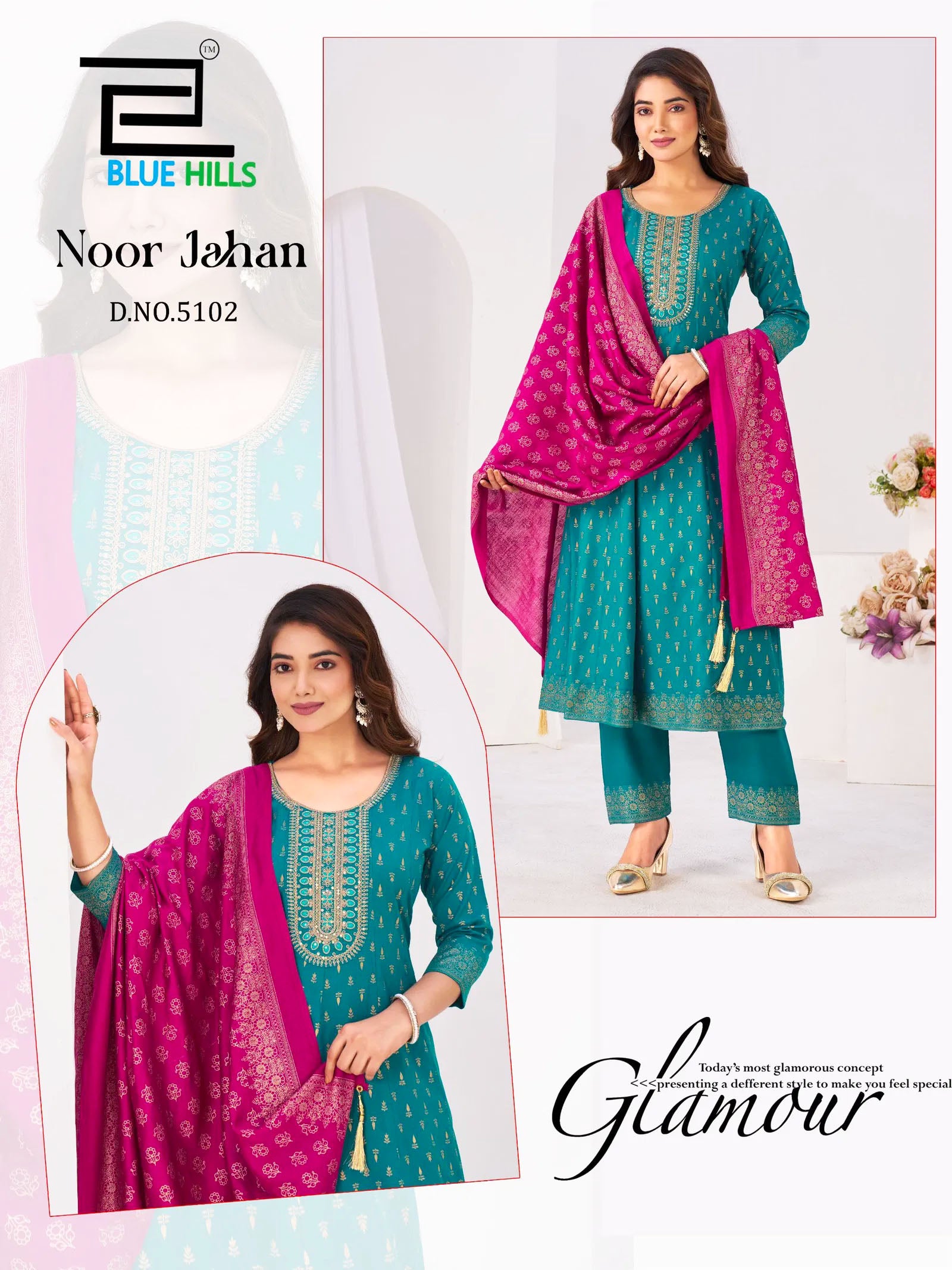 Blue Hills Presents Noor Jahan Chanderi Foil Printed Embroidery Top Bottom And Dupatta Collections