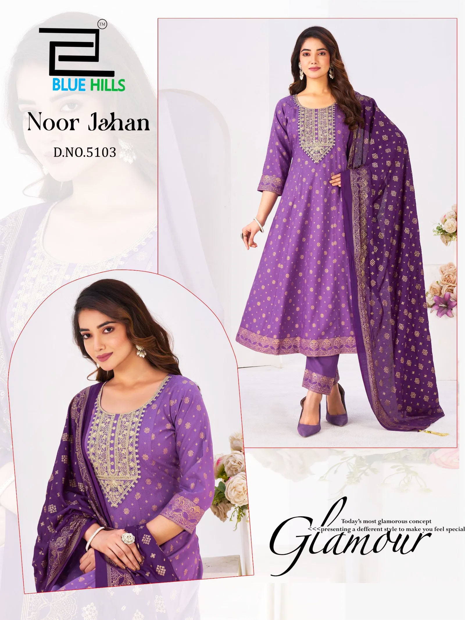 Blue Hills Presents Noor Jahan Chanderi Foil Printed Embroidery Top Bottom And Dupatta Collections