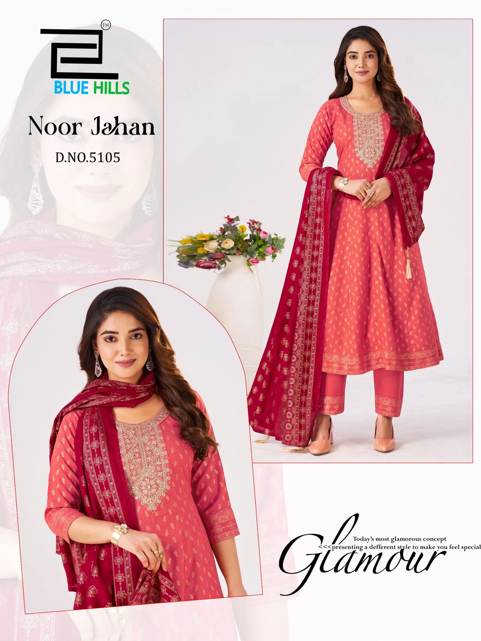 Blue Hills Presents Noor Jahan Chanderi Foil Printed Embroidery Top Bottom And Dupatta Collections