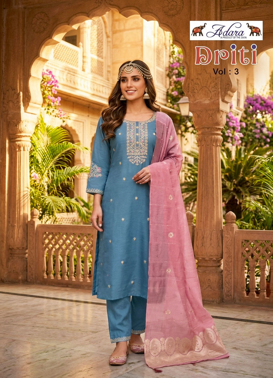 Adara Presents Driti VOL-3 Rayon Silk With Embroidery Work Top Bottom and Dupatta Collections