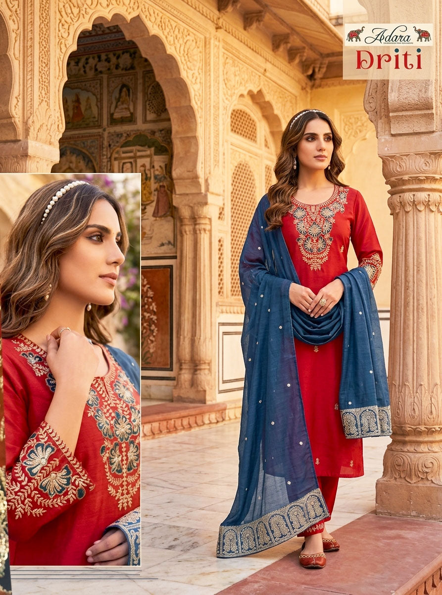 Adara Presents Driti VOL-3 Rayon Silk With Embroidery Work Top Bottom and Dupatta Collections