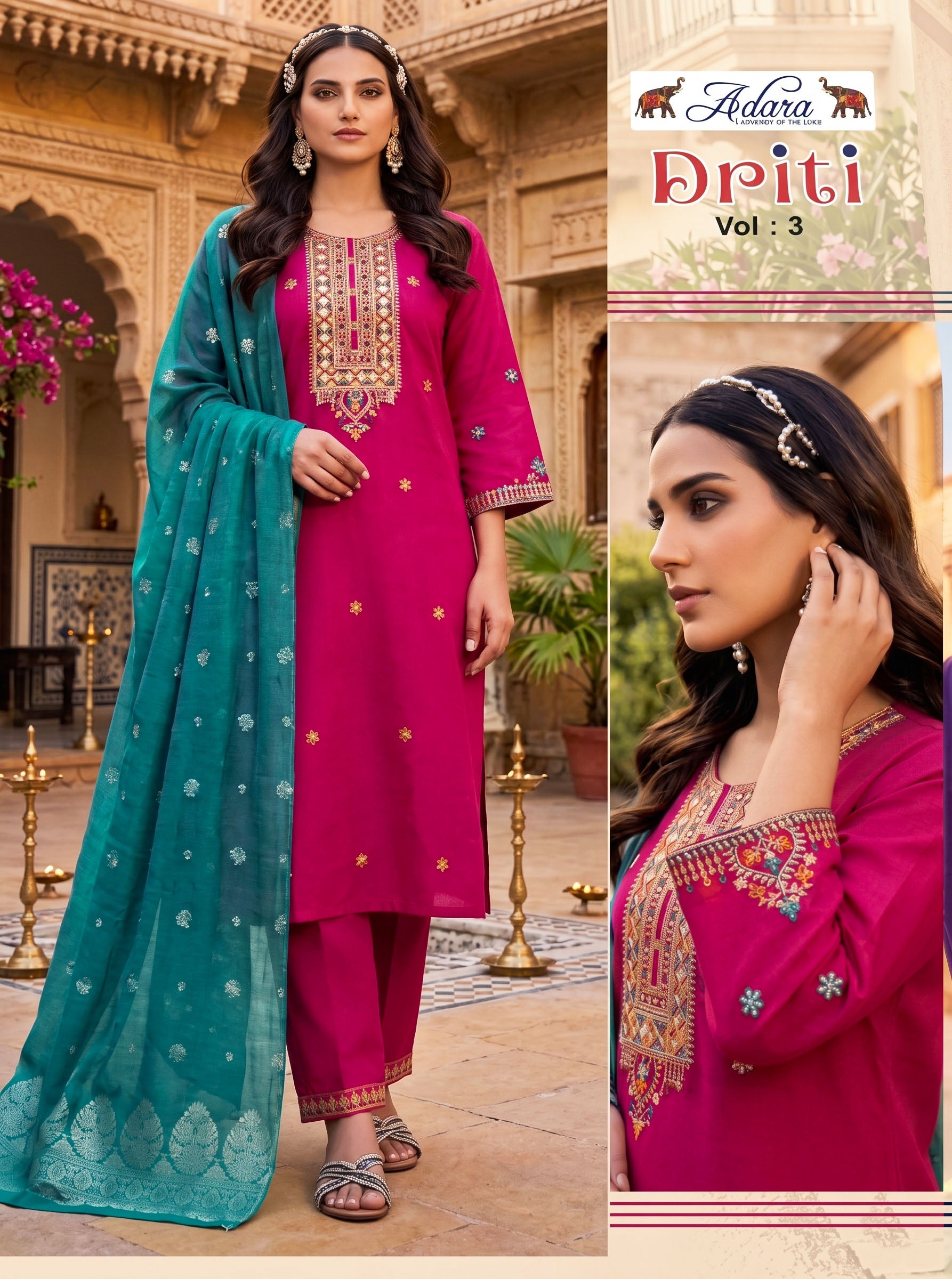 Adara Presents Driti VOL-3 Rayon Silk With Embroidery Work Top Bottom and Dupatta Collections