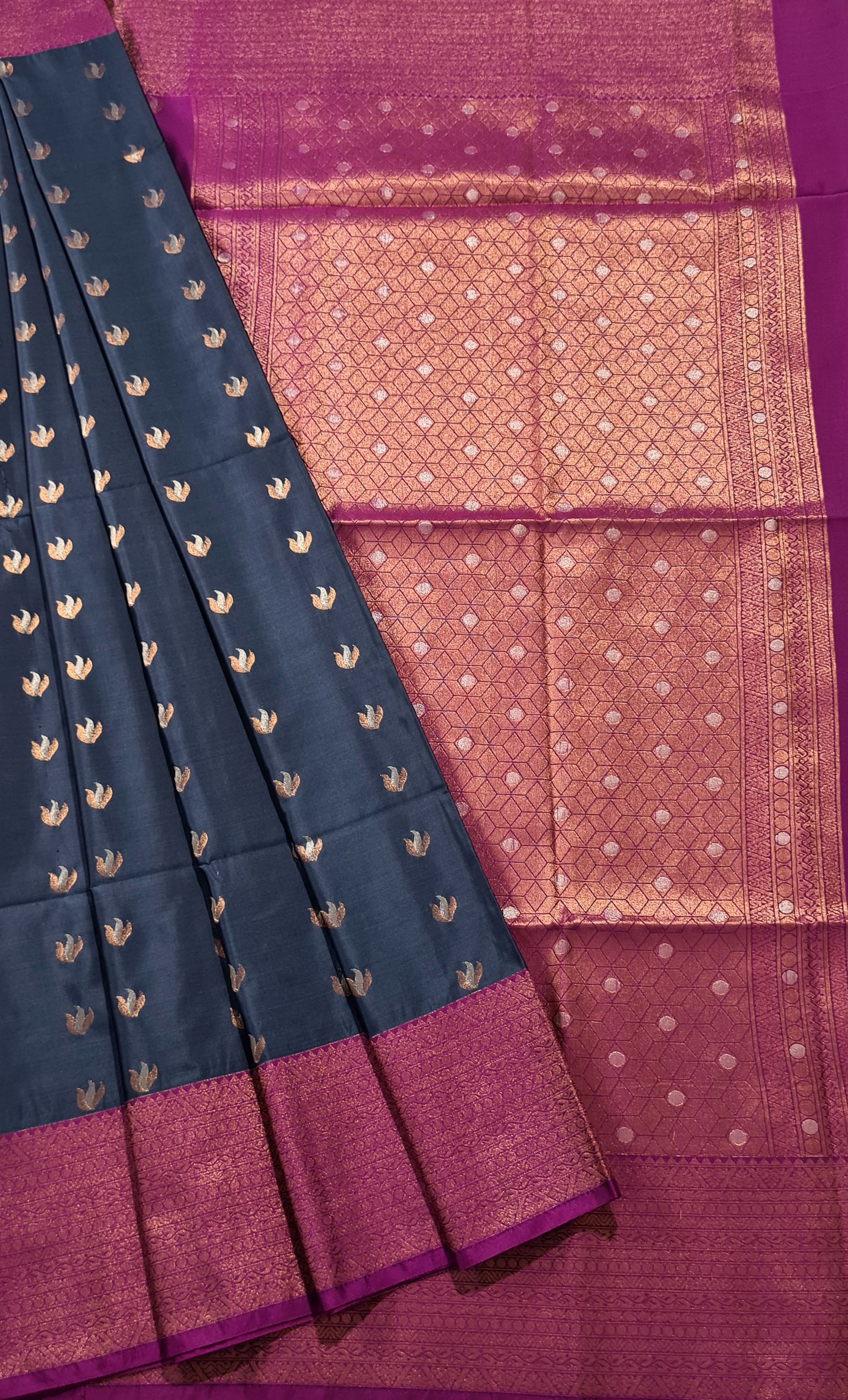 Kanchi Vegan Silk Saree With Contrast Blouse and Rich Jari Pallu