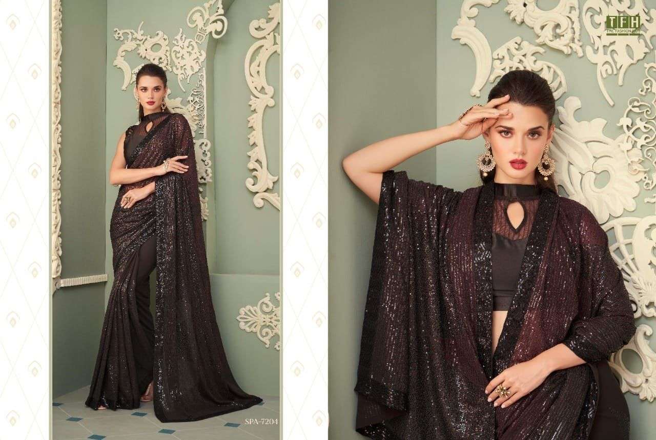 Sparkle By TFH Georgette Exclusive Designer Sarees Collections With stitched blouse – ready size 36, margin up to 40