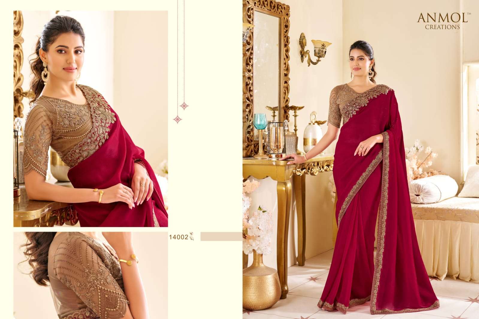Anmol Presents Elegance Fancy Designer Party Wear Sarees With stitched blouse – ready size 36, margin up to 40