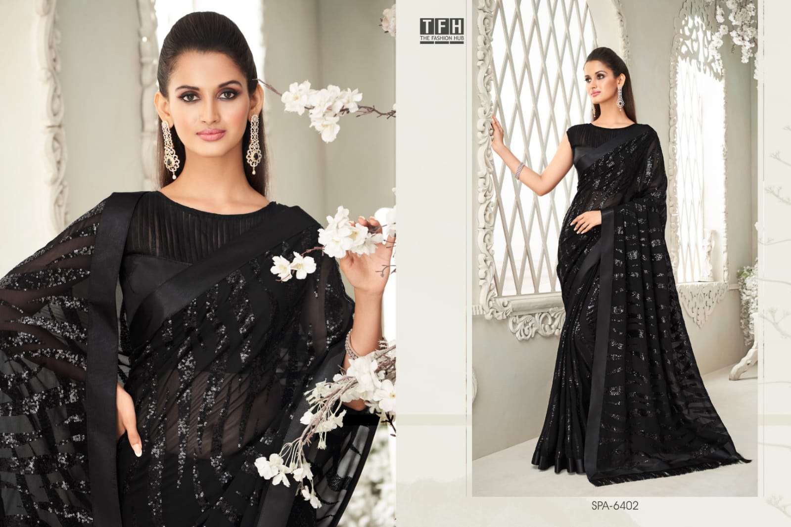 TFH Presents Sparkle Georgette Fancy Designer Sarees Collections With stitched blouse – ready size 36, margin up to 40