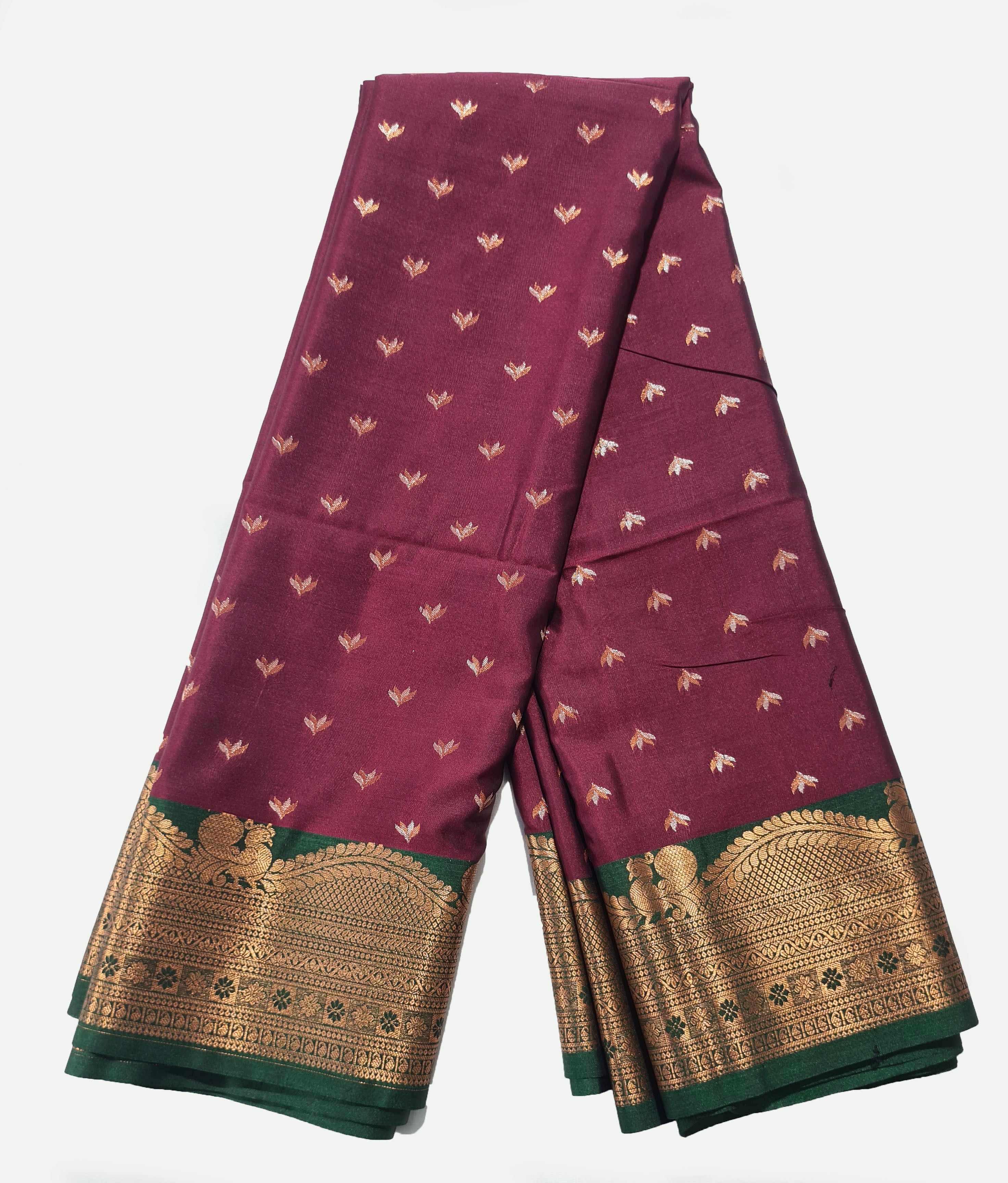 Kanchi Vegan Silk Saree With Contrast Blouse and Rich Jari Pallu