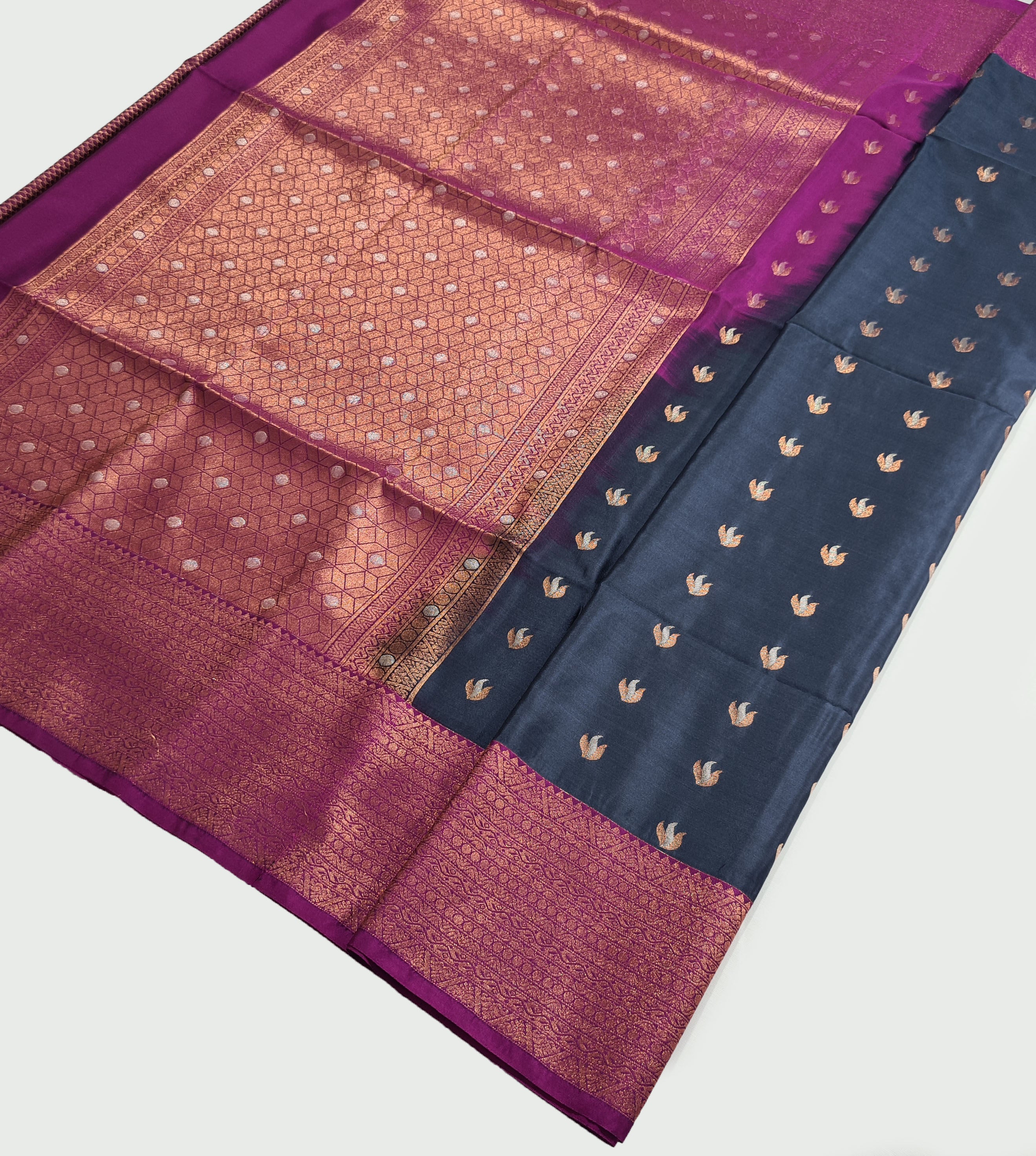 Kanchi Vegan Silk Saree With Contrast Blouse and Rich Jari Pallu