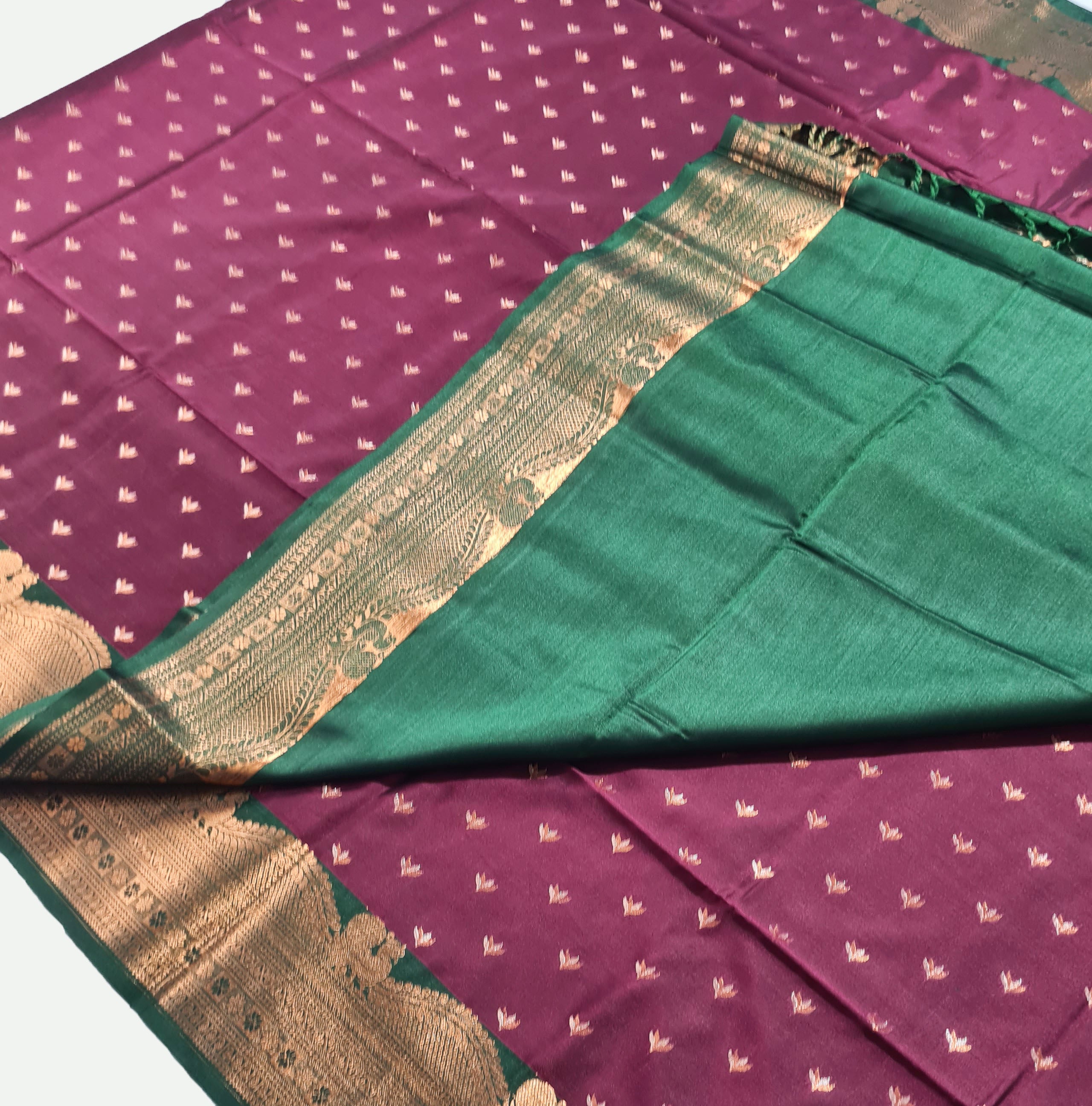 Kanchi Vegan Silk Saree With Contrast Blouse and Rich Jari Pallu