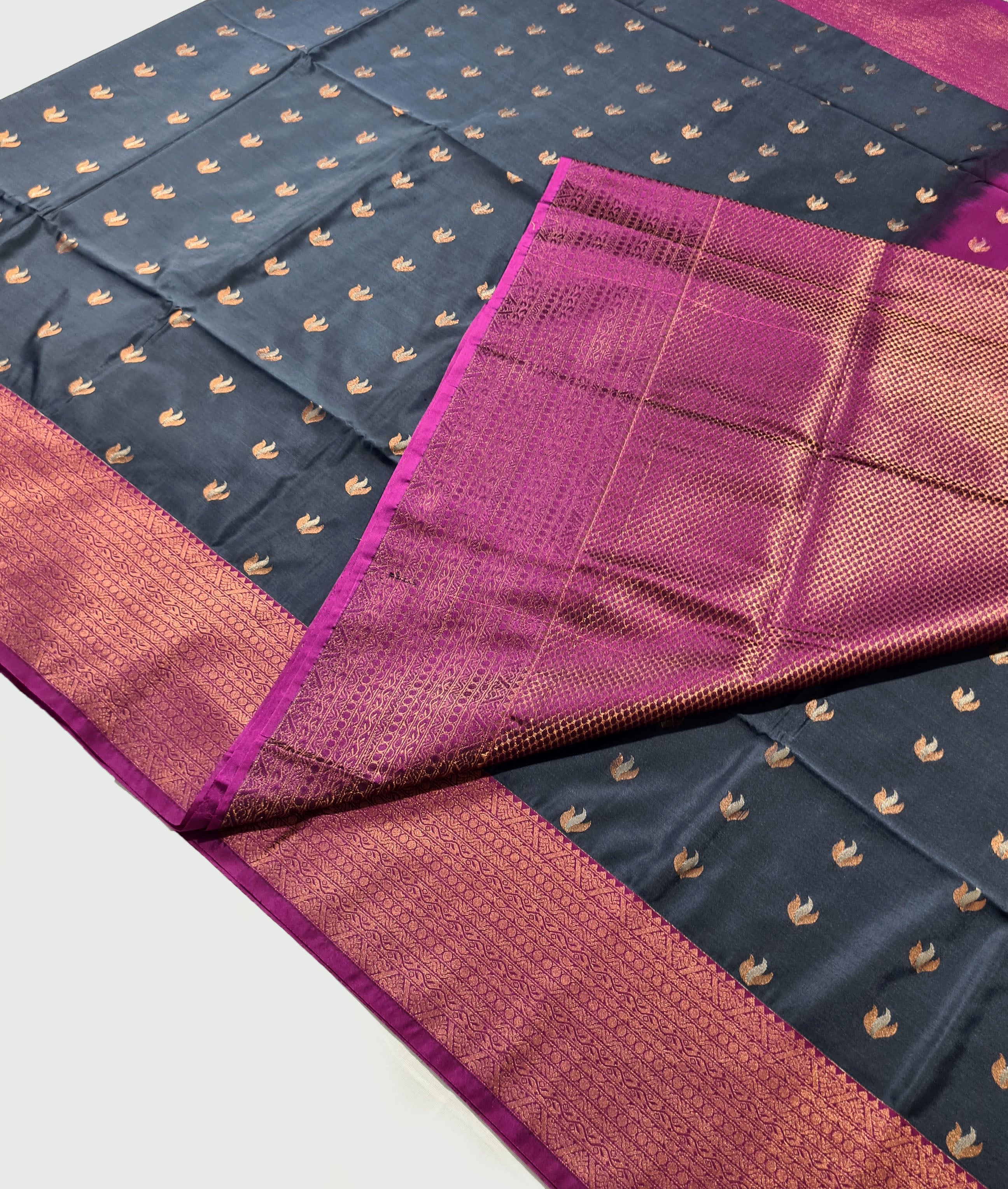 Kanchi Vegan Silk Saree With Contrast Blouse and Rich Jari Pallu