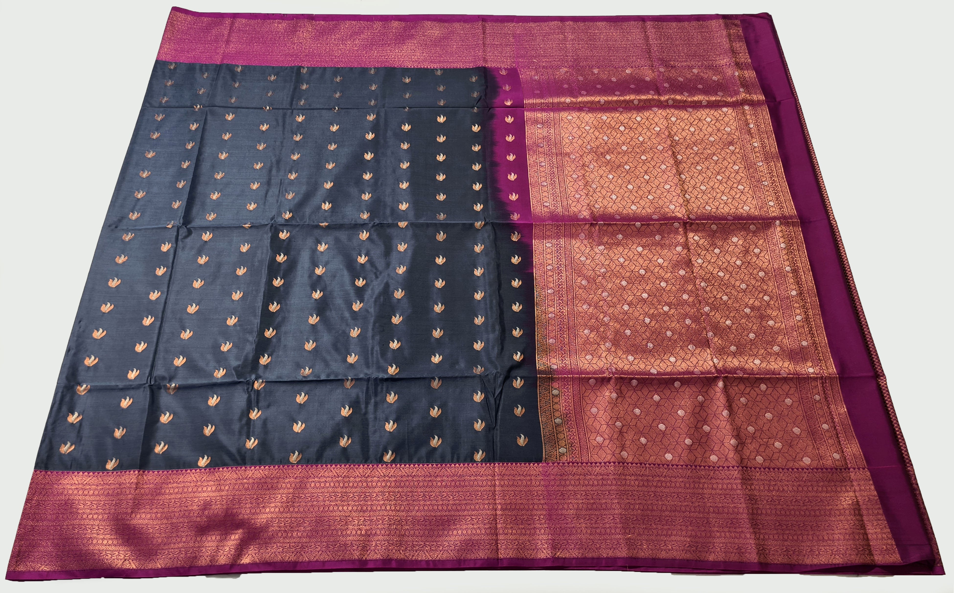 Kanchi Vegan Silk Saree With Contrast Blouse and Rich Jari Pallu