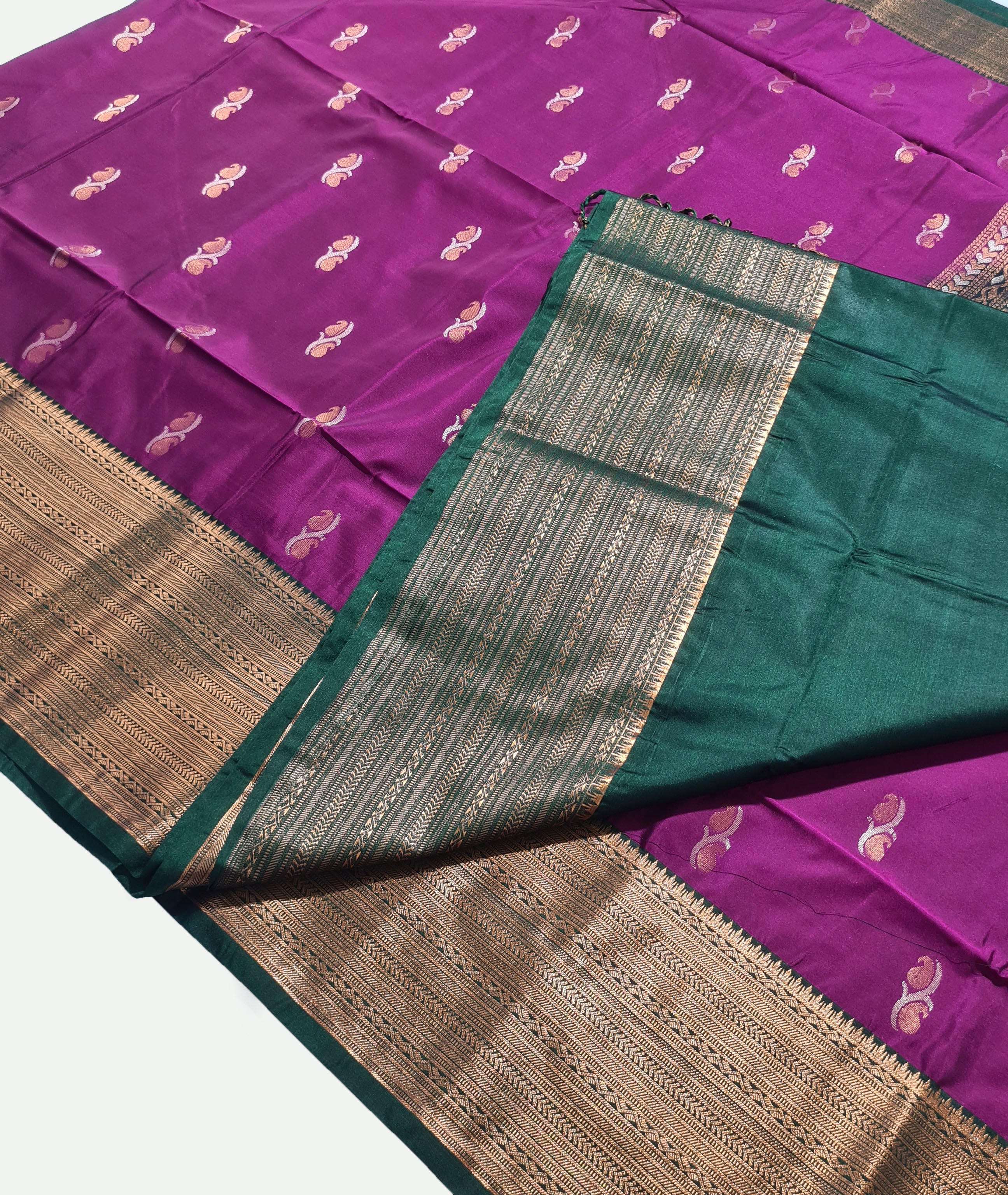 Kanchi Vegan Silk Saree With Contrast Blouse and Rich Jari Pallu