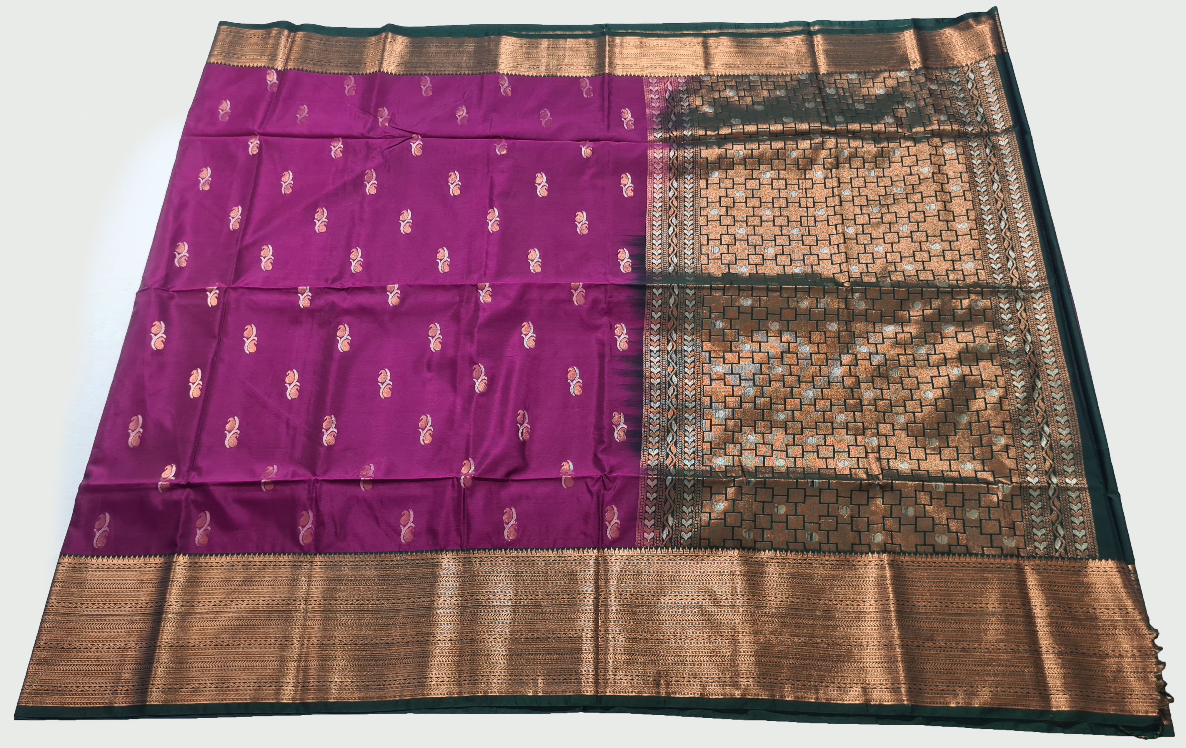 Kanchi Vegan Silk Saree With Contrast Blouse and Rich Jari Pallu