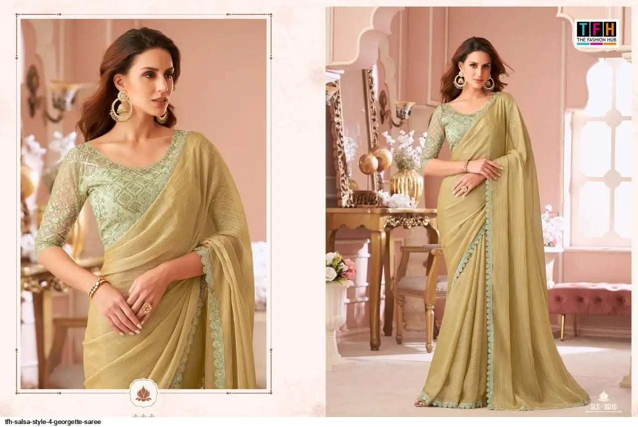 TFH Presents Salsa Style Designer Sarees With stitched blouse – ready size 36, margin up to 40