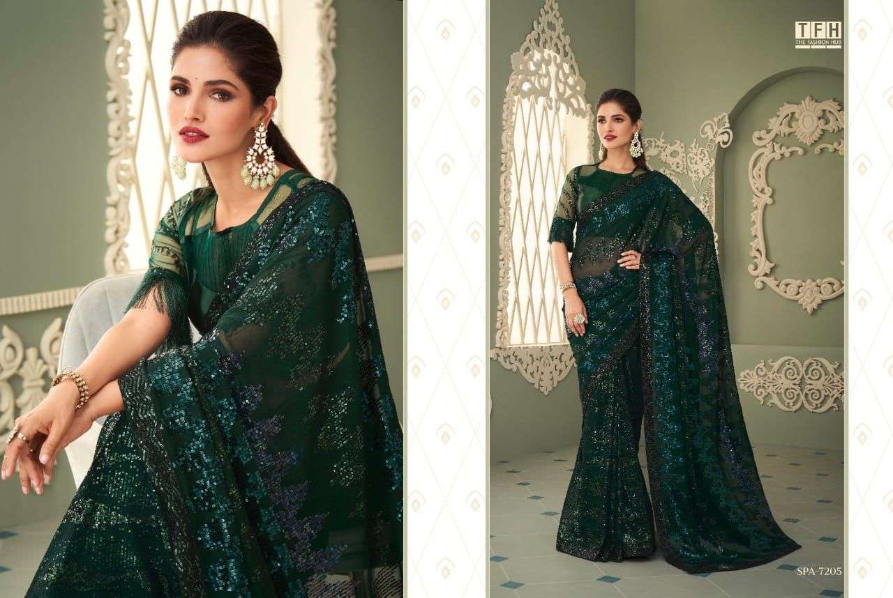 Sparkle By TFH Georgette Exclusive Designer Sarees Collections With stitched blouse – ready size 36, margin up to 40