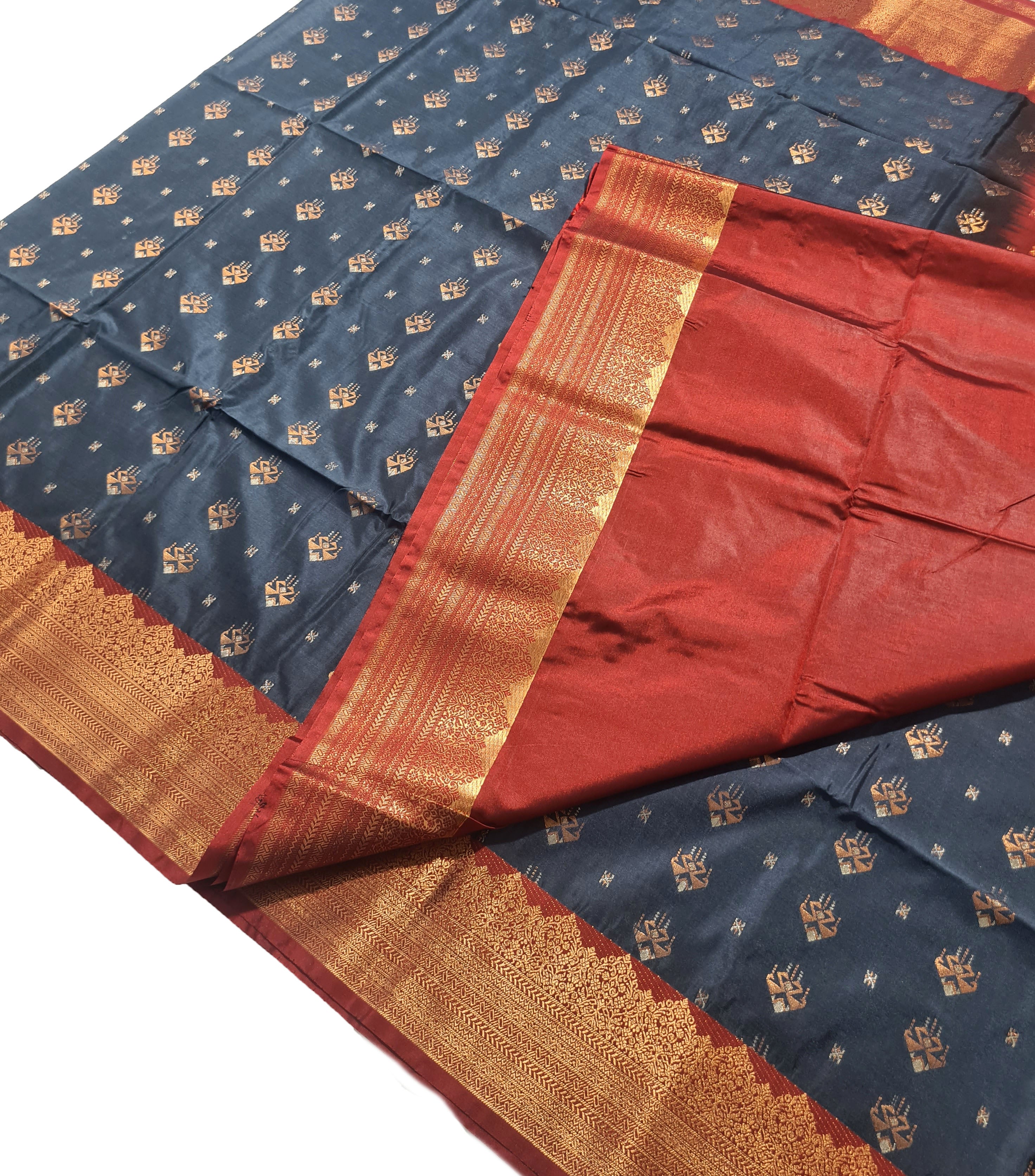 Kanchi Vegan Silk Saree With Contrast Blouse and Rich Jari Pallu