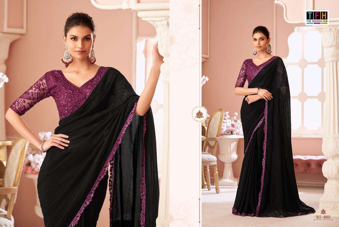TFH Presents Salsa Style Designer Sarees With stitched blouse – ready size 36, margin up to 40