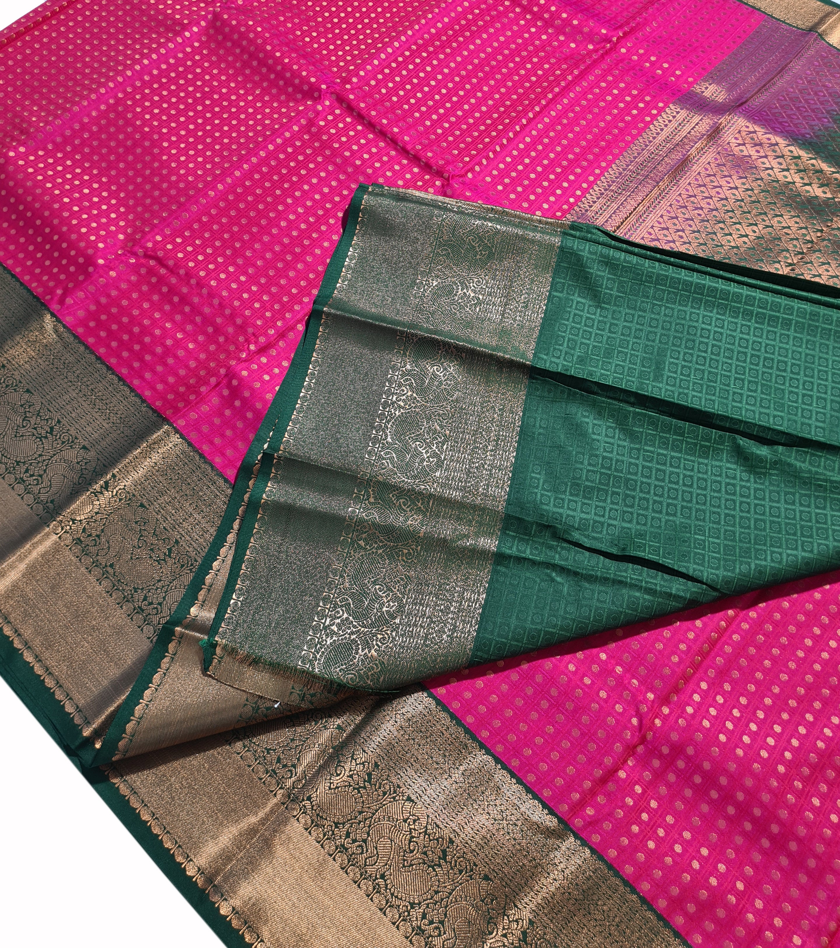 Kanchi Vegan Silk Saree With Contrast Blouse and Rich Jari Pallu