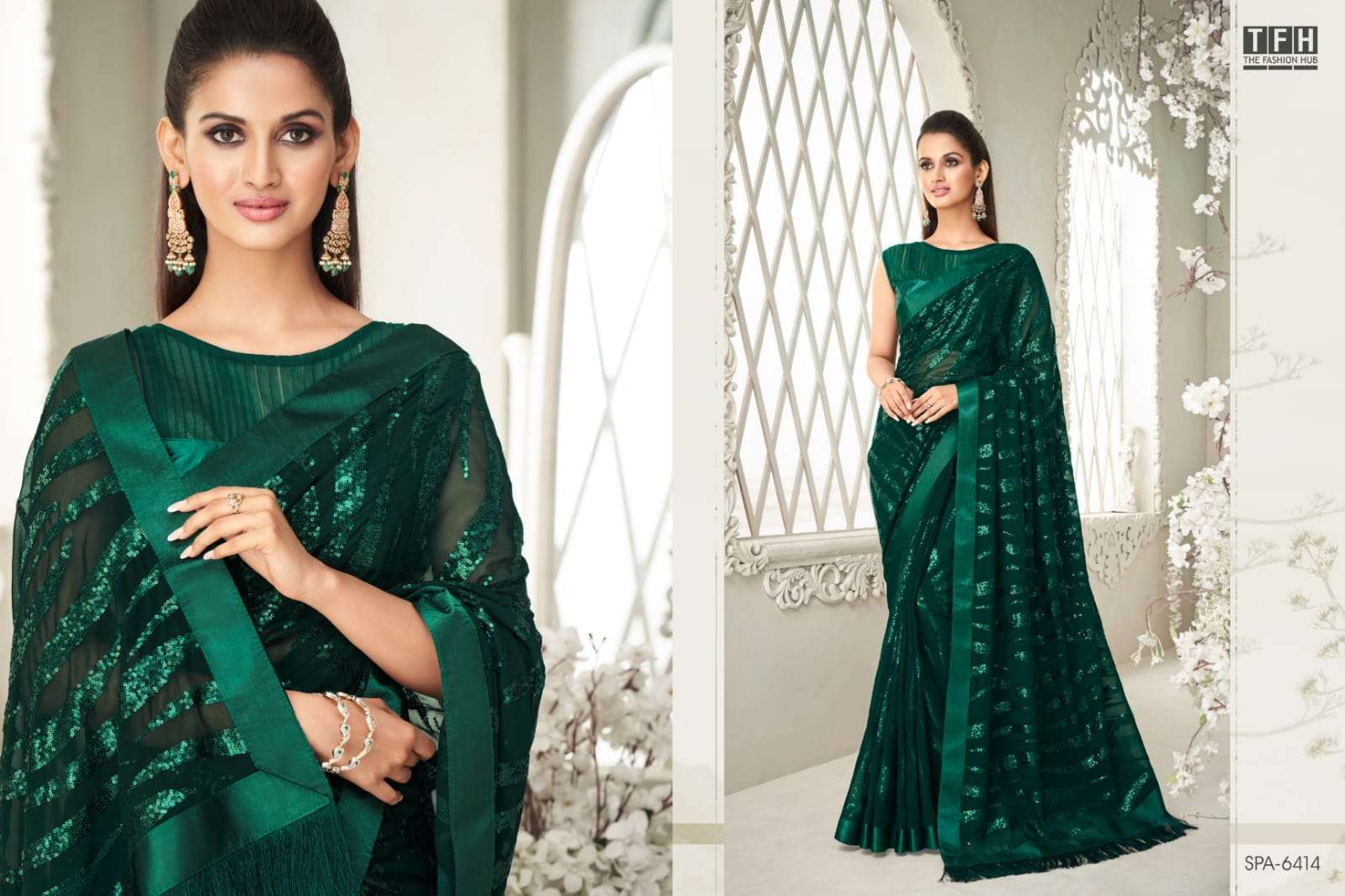 TFH Presents Sparkle Georgette Fancy Designer Sarees Collections With stitched blouse – ready size 36, margin up to 40