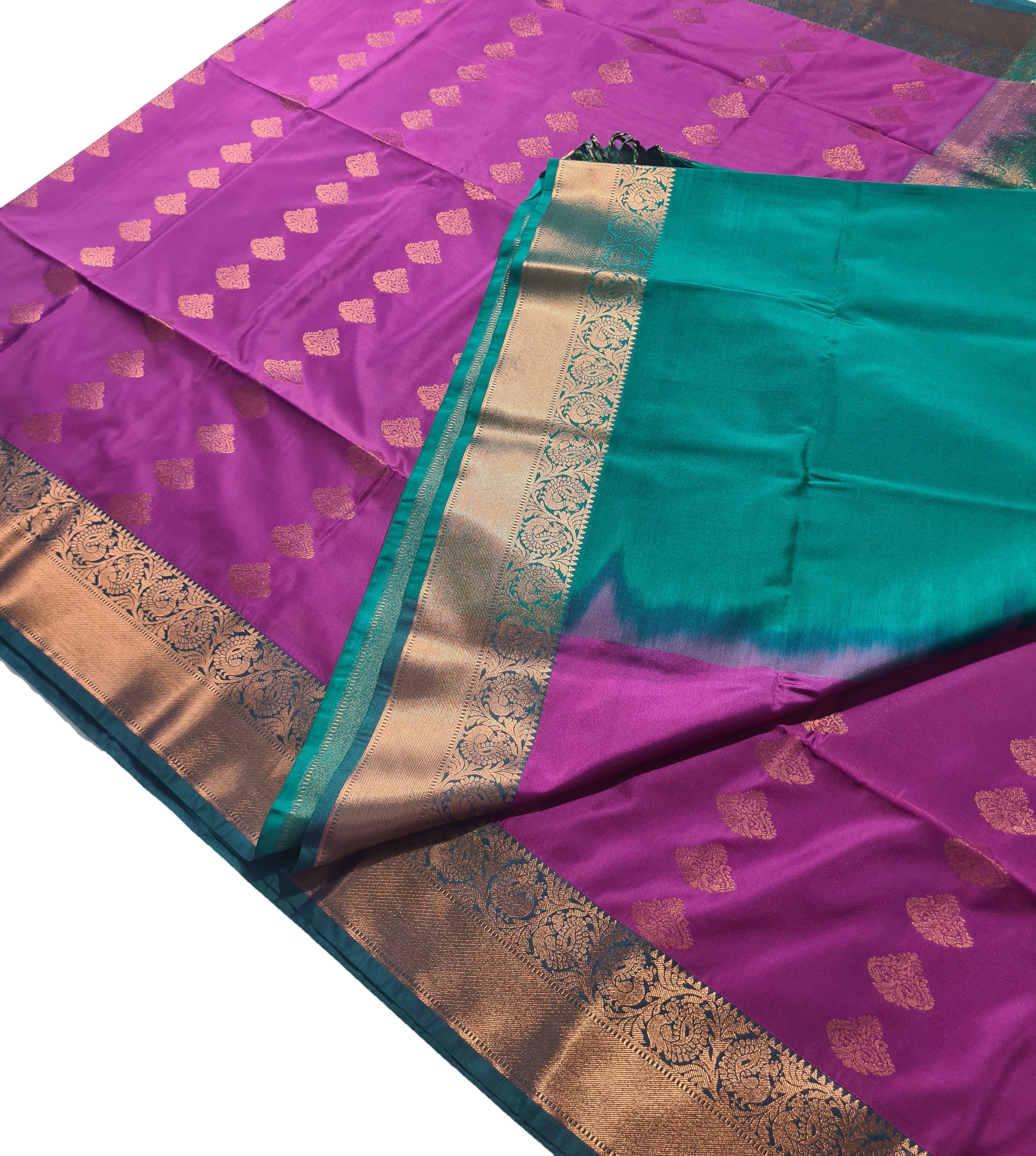 Kanchi Vegan Silk Saree With Contrast Blouse and Rich Jari Pallu