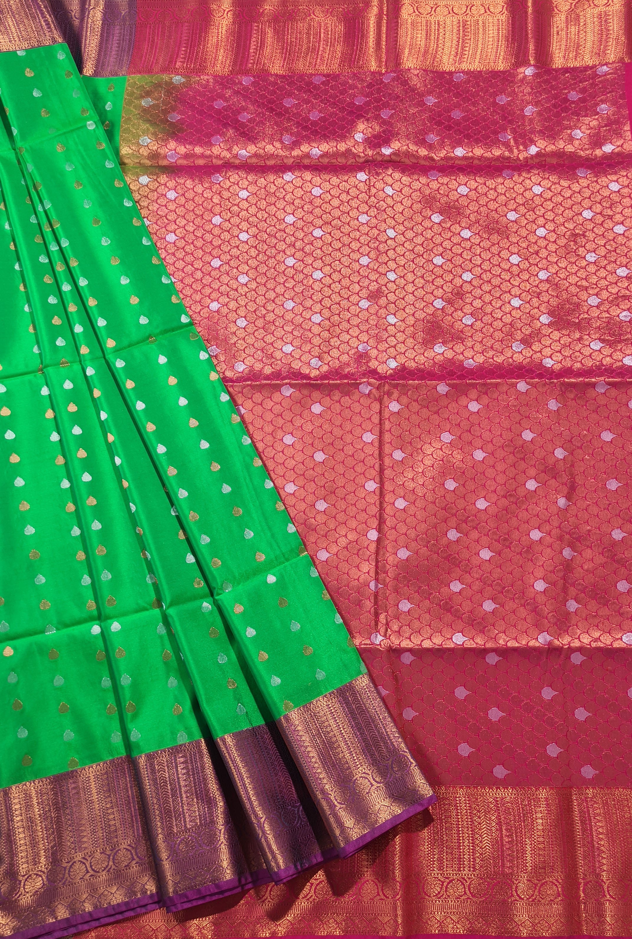 Kanchi Vegan Silk Saree With Contrast Blouse and Rich Jari Pallu