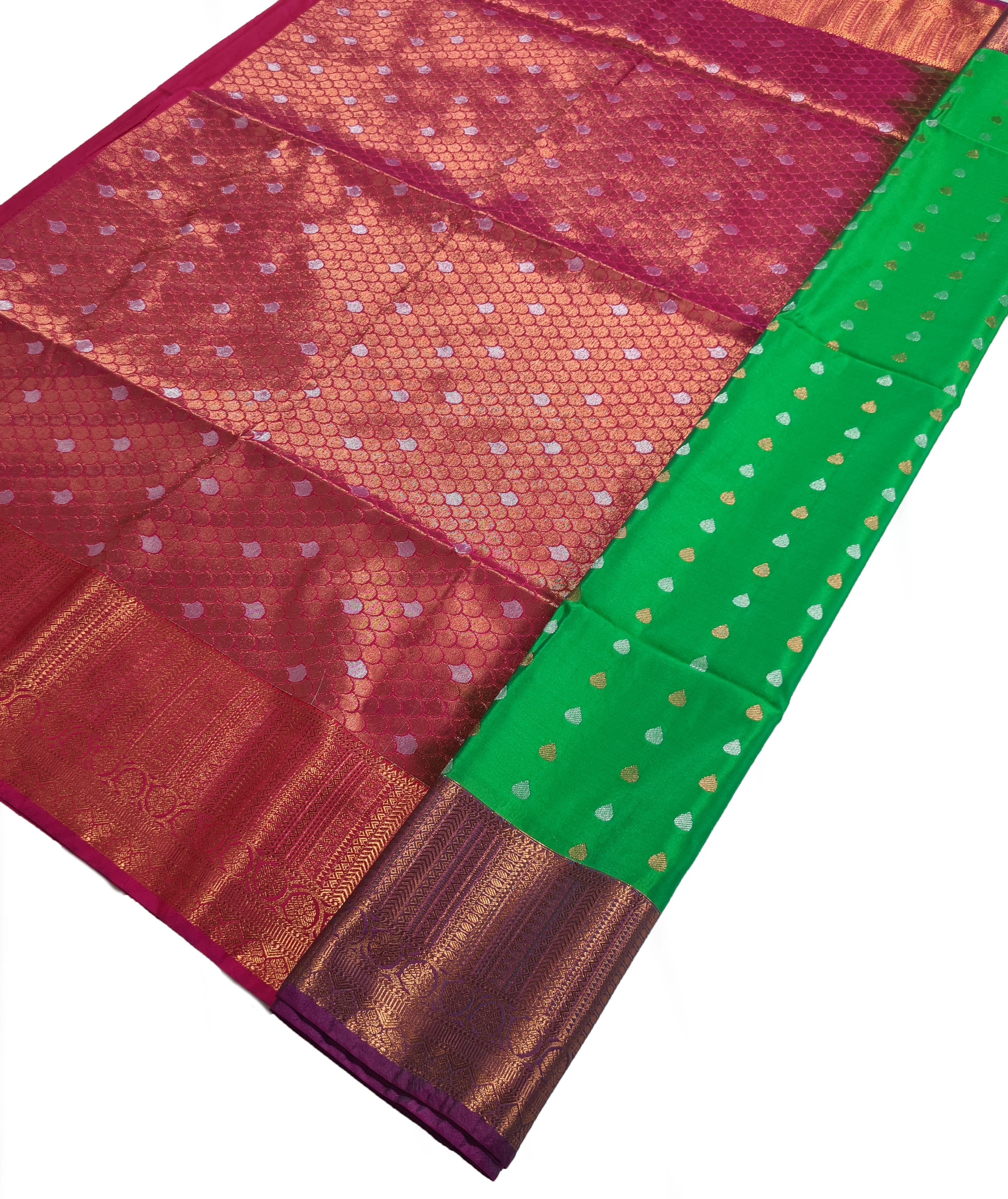 Kanchi Vegan Silk Saree With Contrast Blouse and Rich Jari Pallu