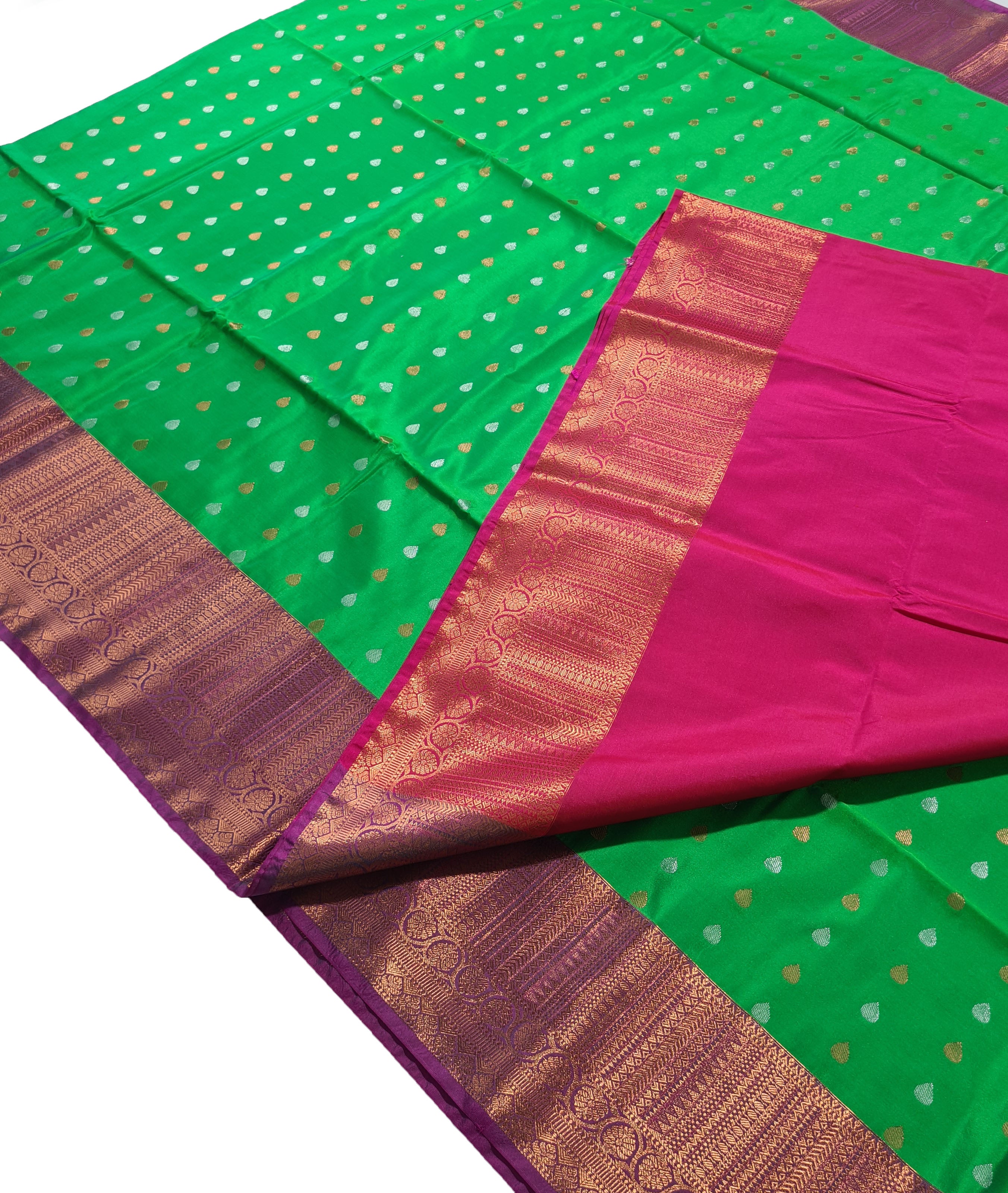 Kanchi Vegan Silk Saree With Contrast Blouse and Rich Jari Pallu