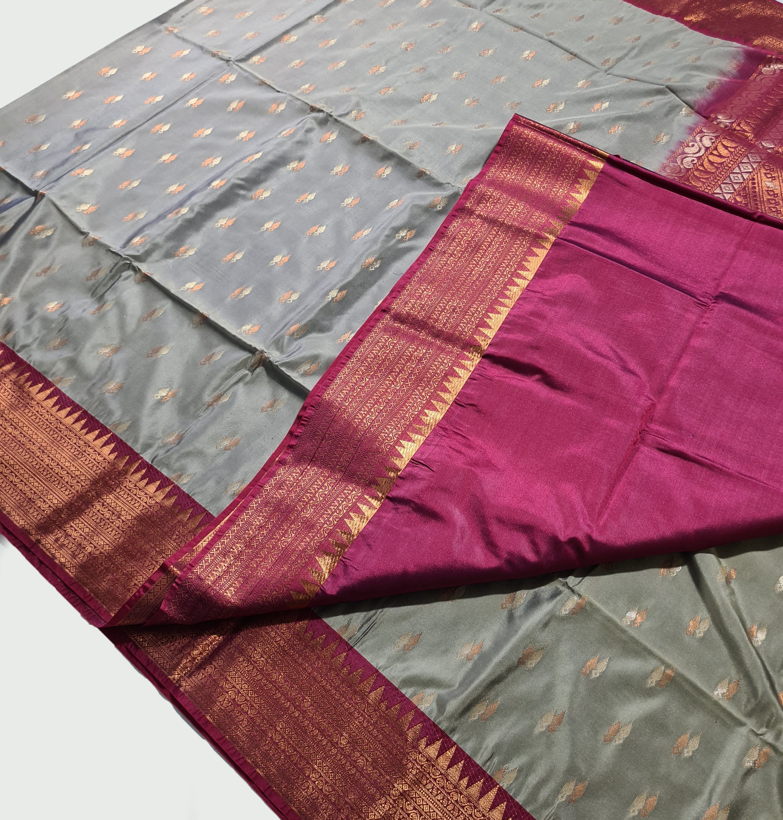 Kanchi Vegan Silk Saree With Contrast Blouse and Rich Jari Pallu
