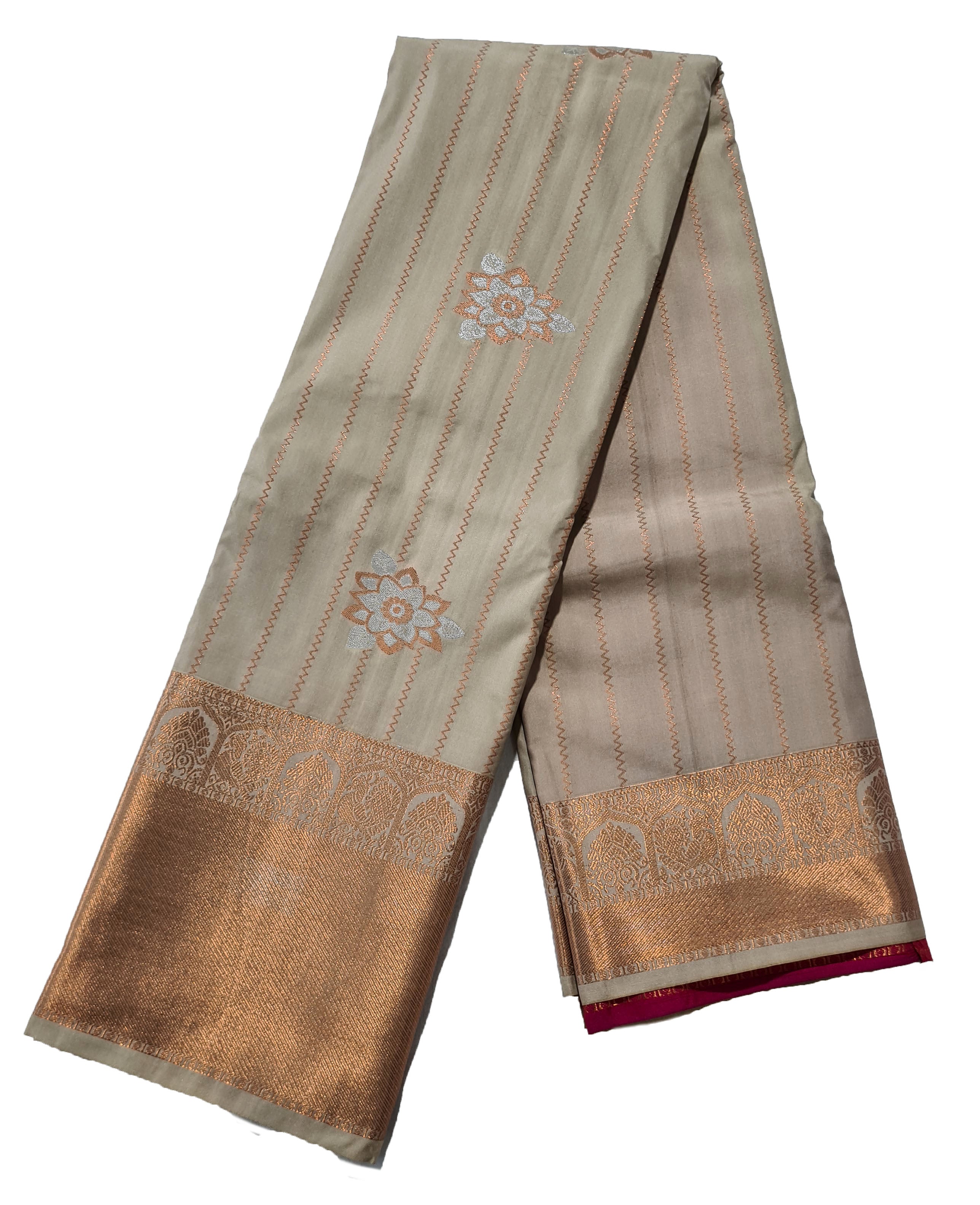 Kanchi Vegan Silk Saree With Contrast Blouse and Rich Jari Pallu