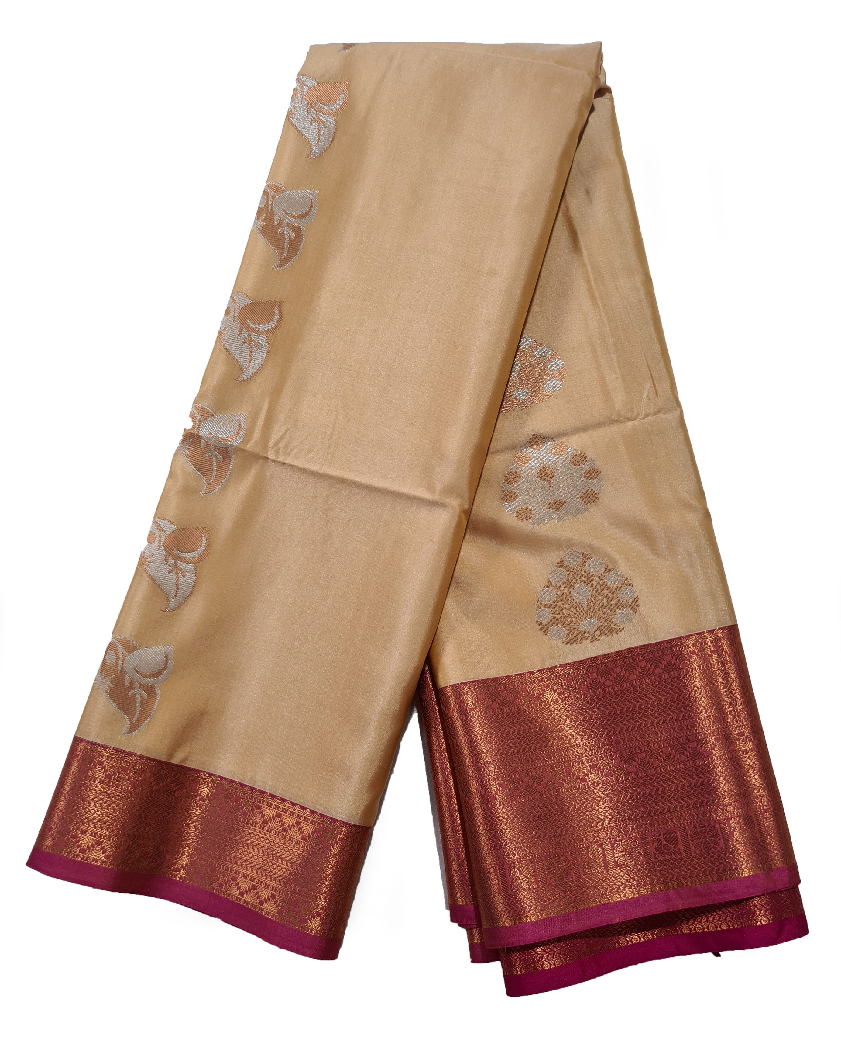 Kanchi Vegan Silk Saree With Contrast Blouse and Rich Jari Pallu
