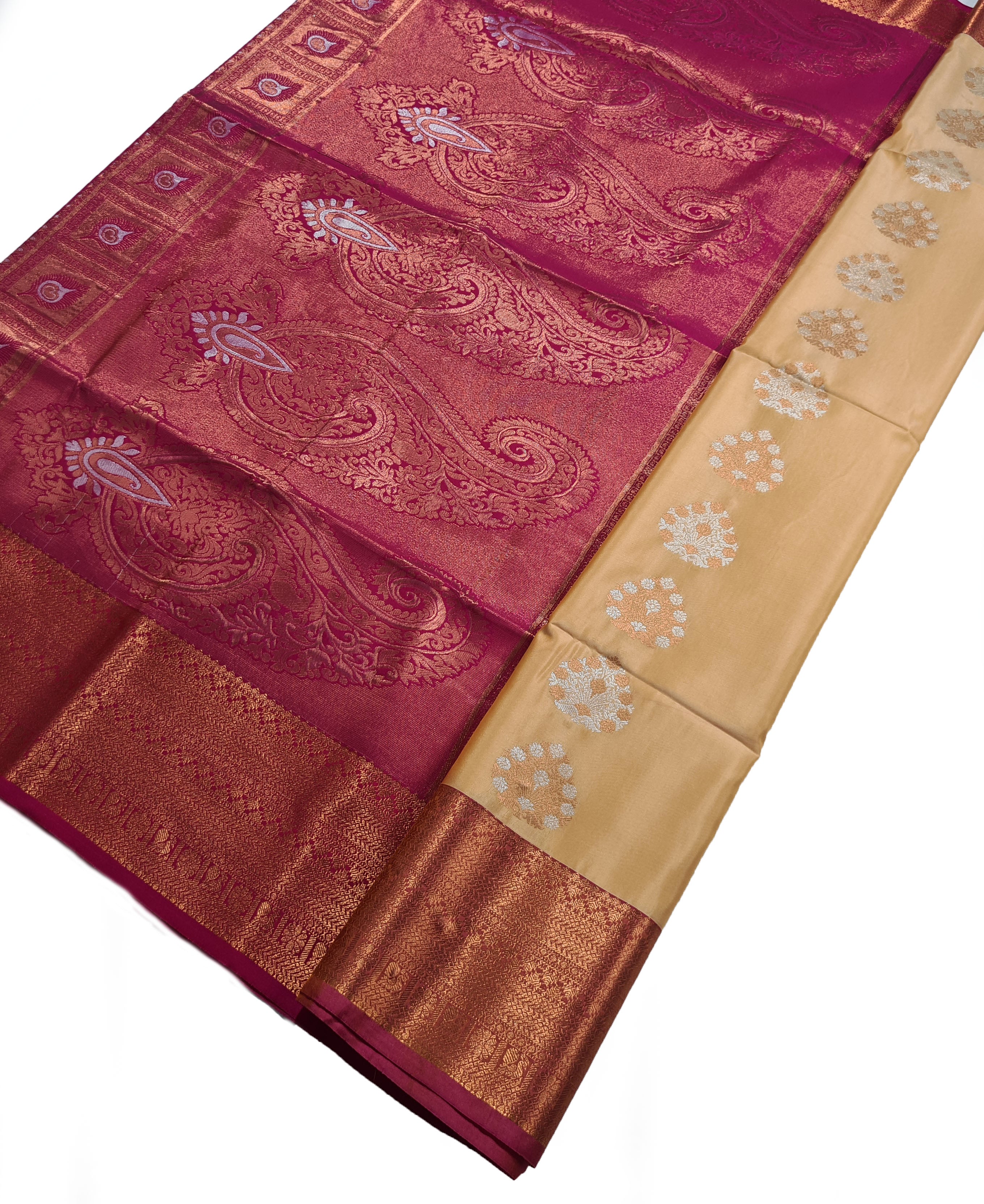 Kanchi Vegan Silk Saree With Contrast Blouse and Rich Jari Pallu
