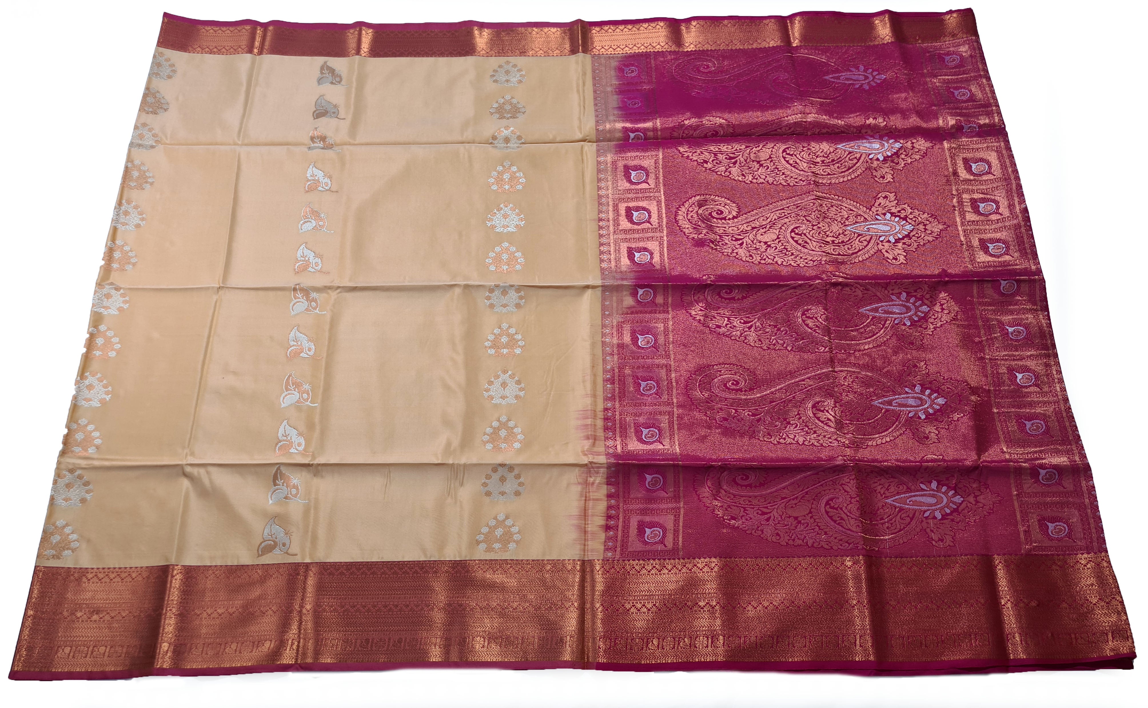 Kanchi Vegan Silk Saree With Contrast Blouse and Rich Jari Pallu