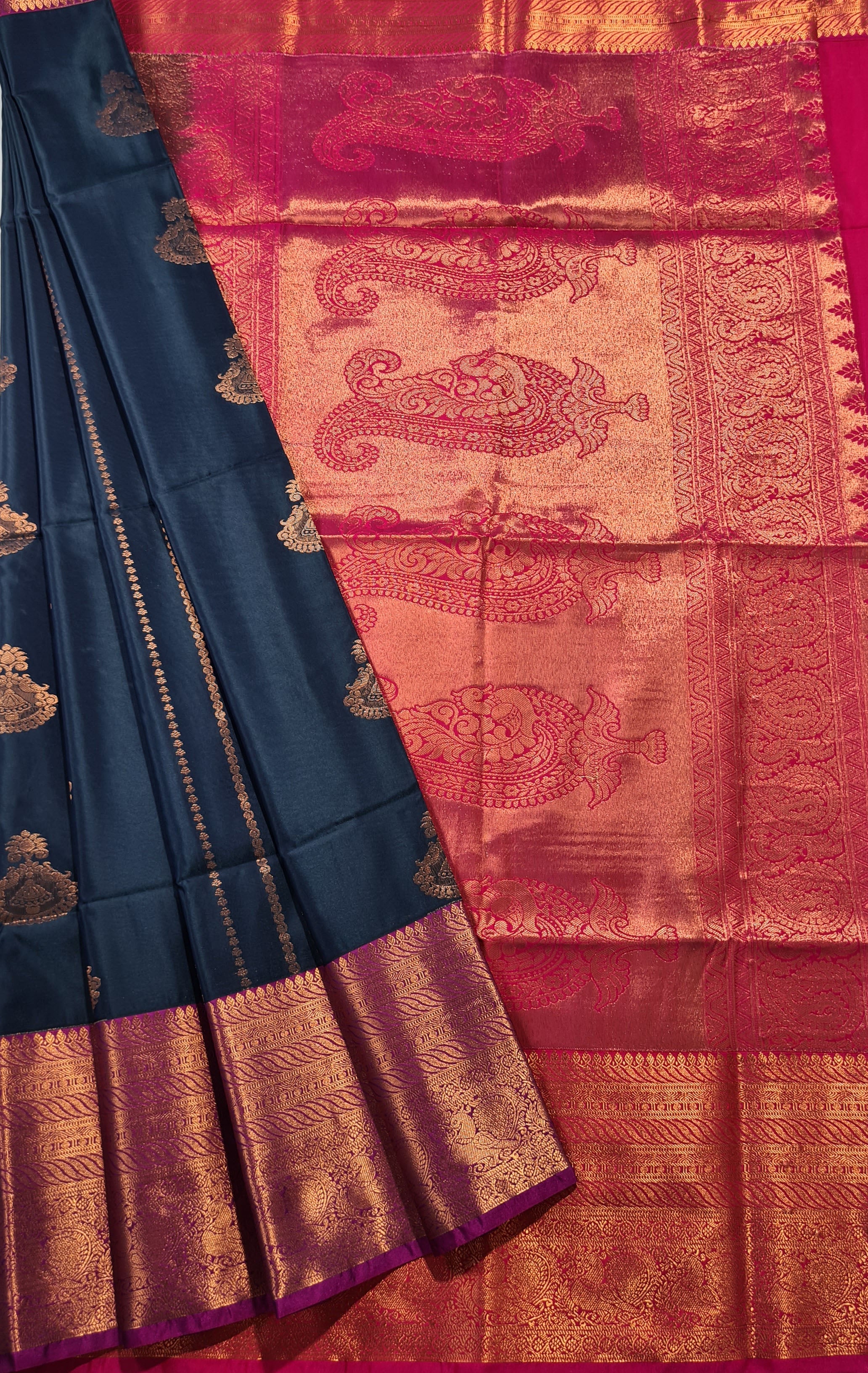 Kanchi Vegan Silk Saree With Contrast Blouse and Rich Jari Pallu